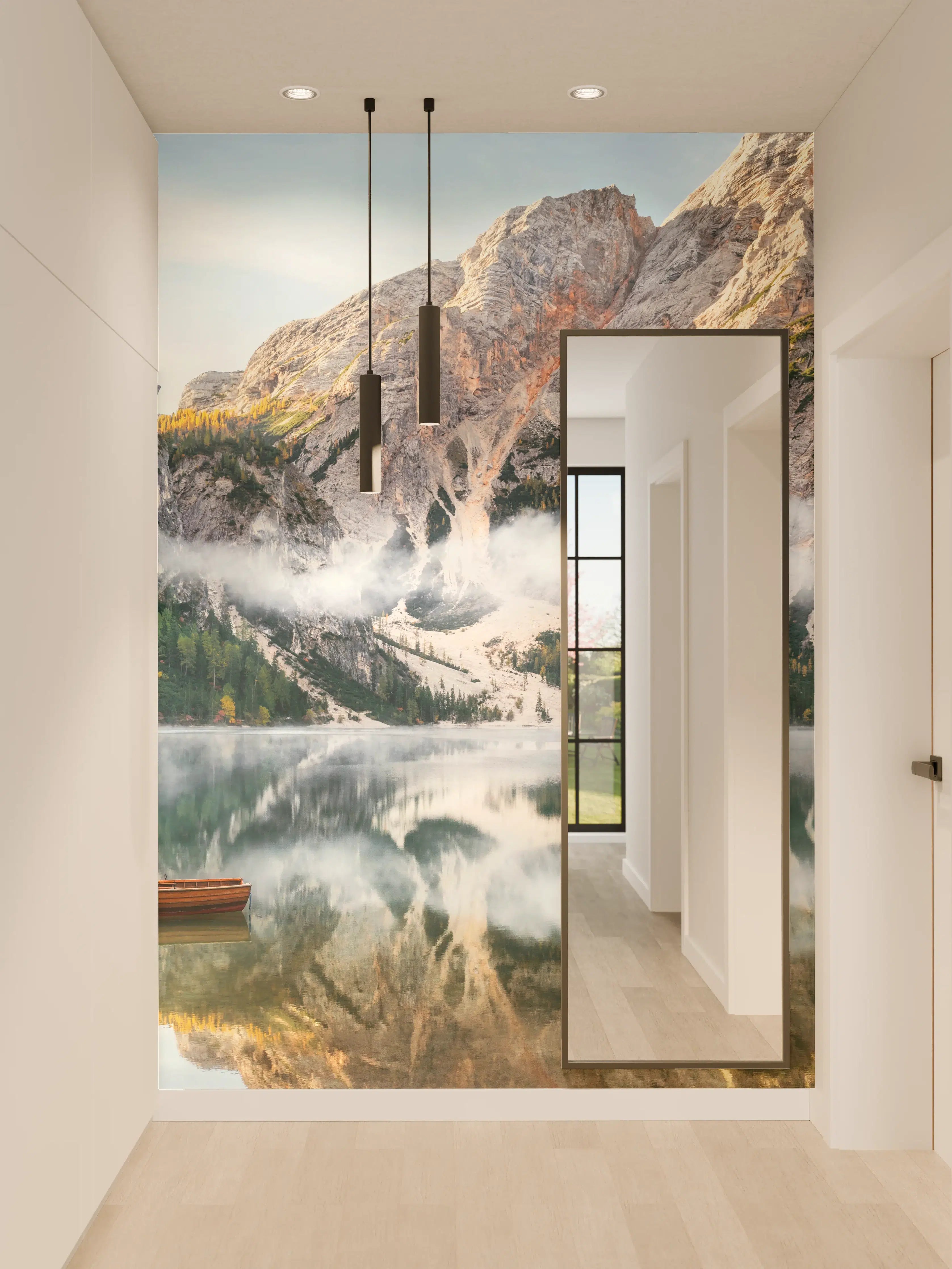 Wandverkleidung Flur - Majestätische Berglandschaft mit See und Wasserfall