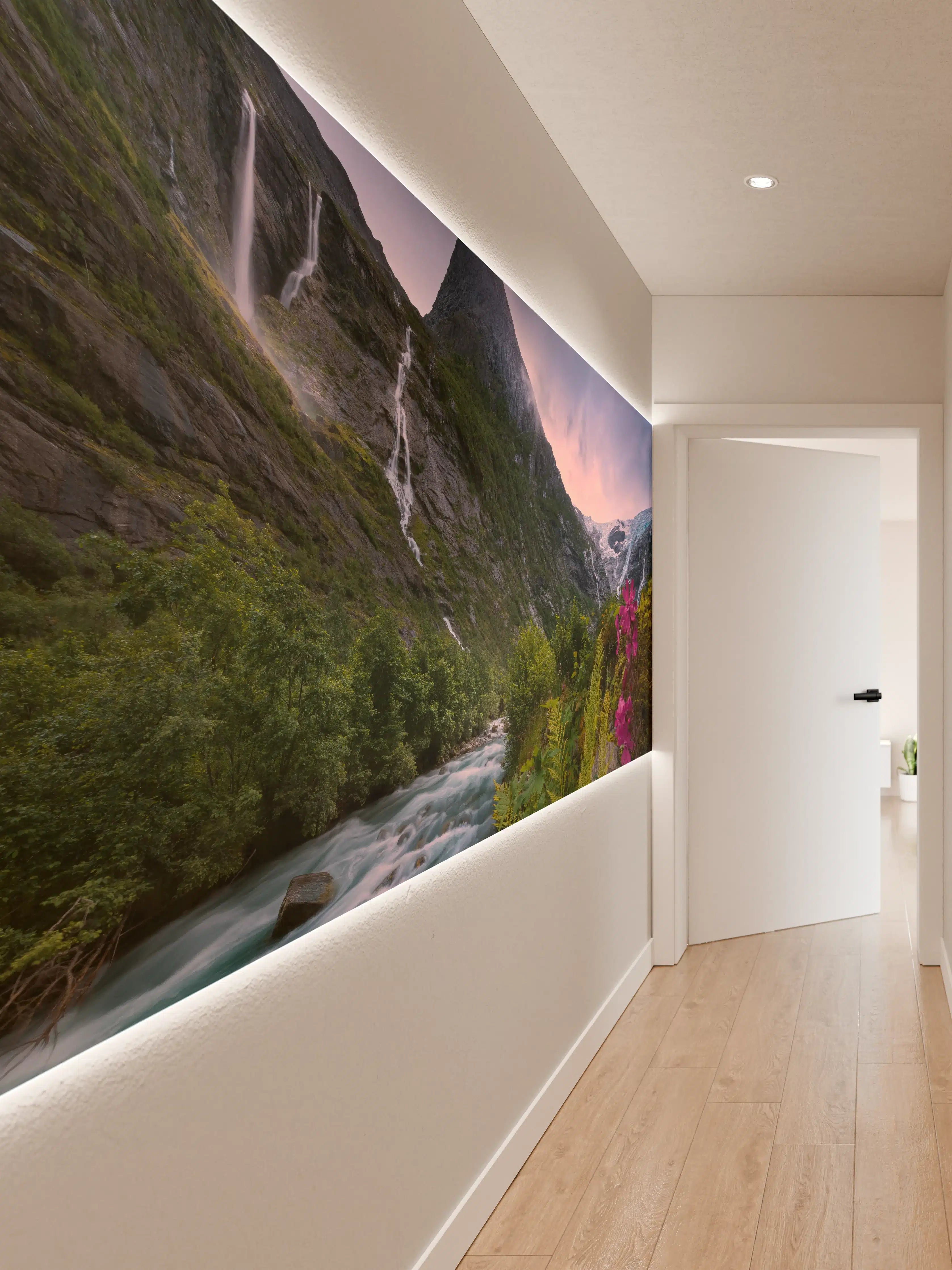 Wandverkleidung Flur - Majestätische Berglandschaft mit Wasserfällen