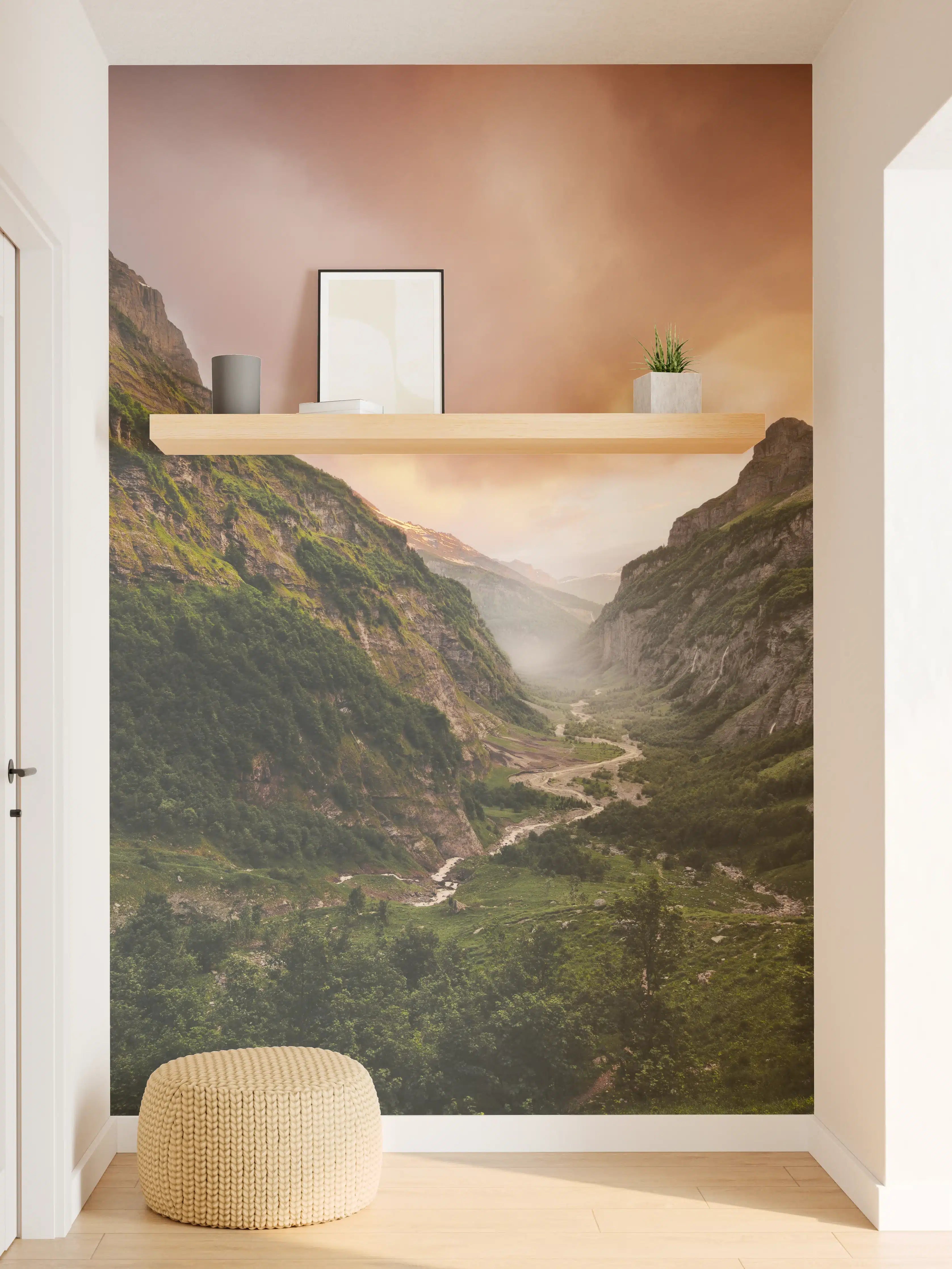 Wandverkleidung Flur - Majestätischer Bergfluss bei Sonnenuntergang