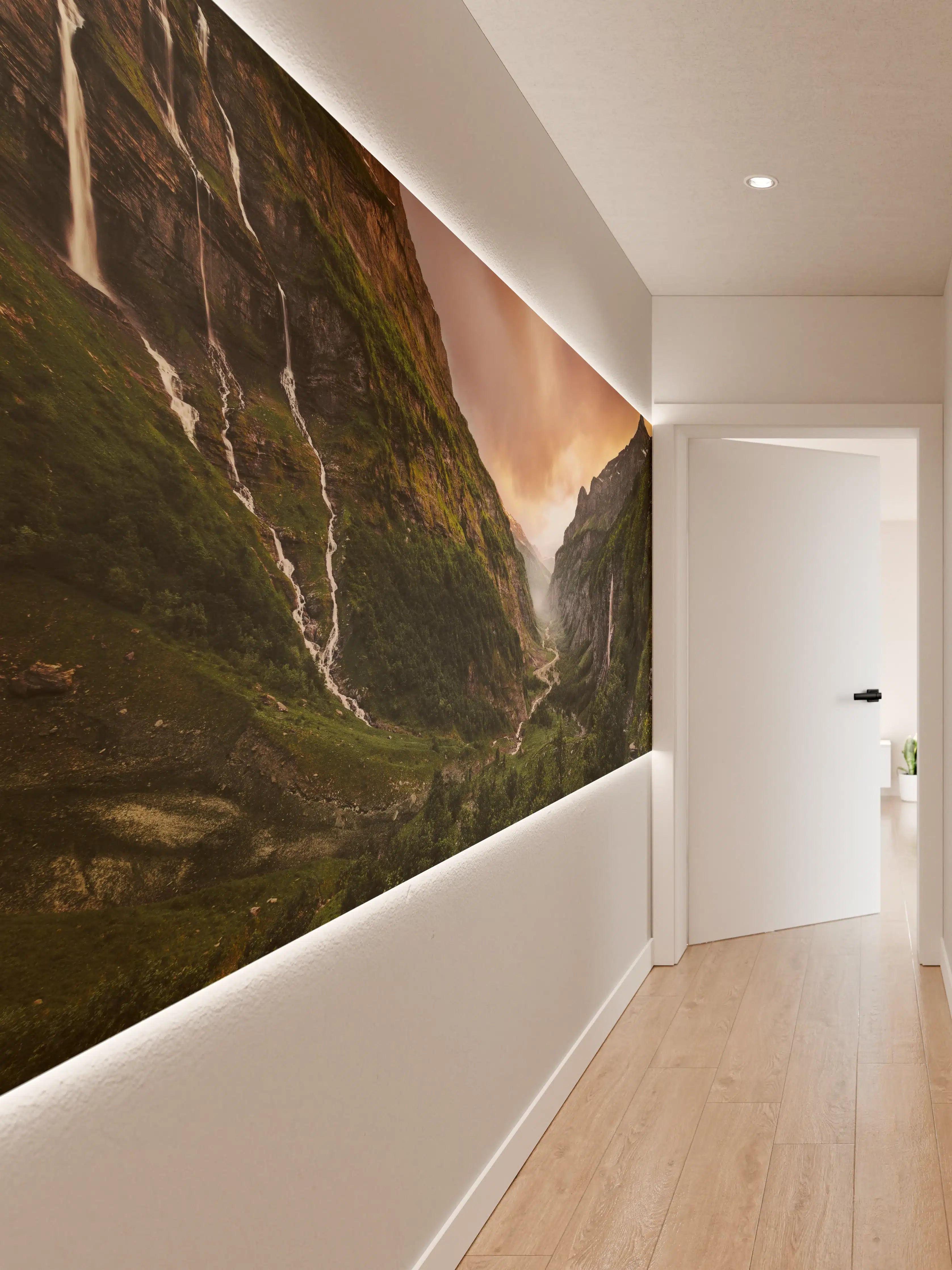 Wandverkleidung Flur - Majestätischer Bergfluss bei Sonnenuntergang