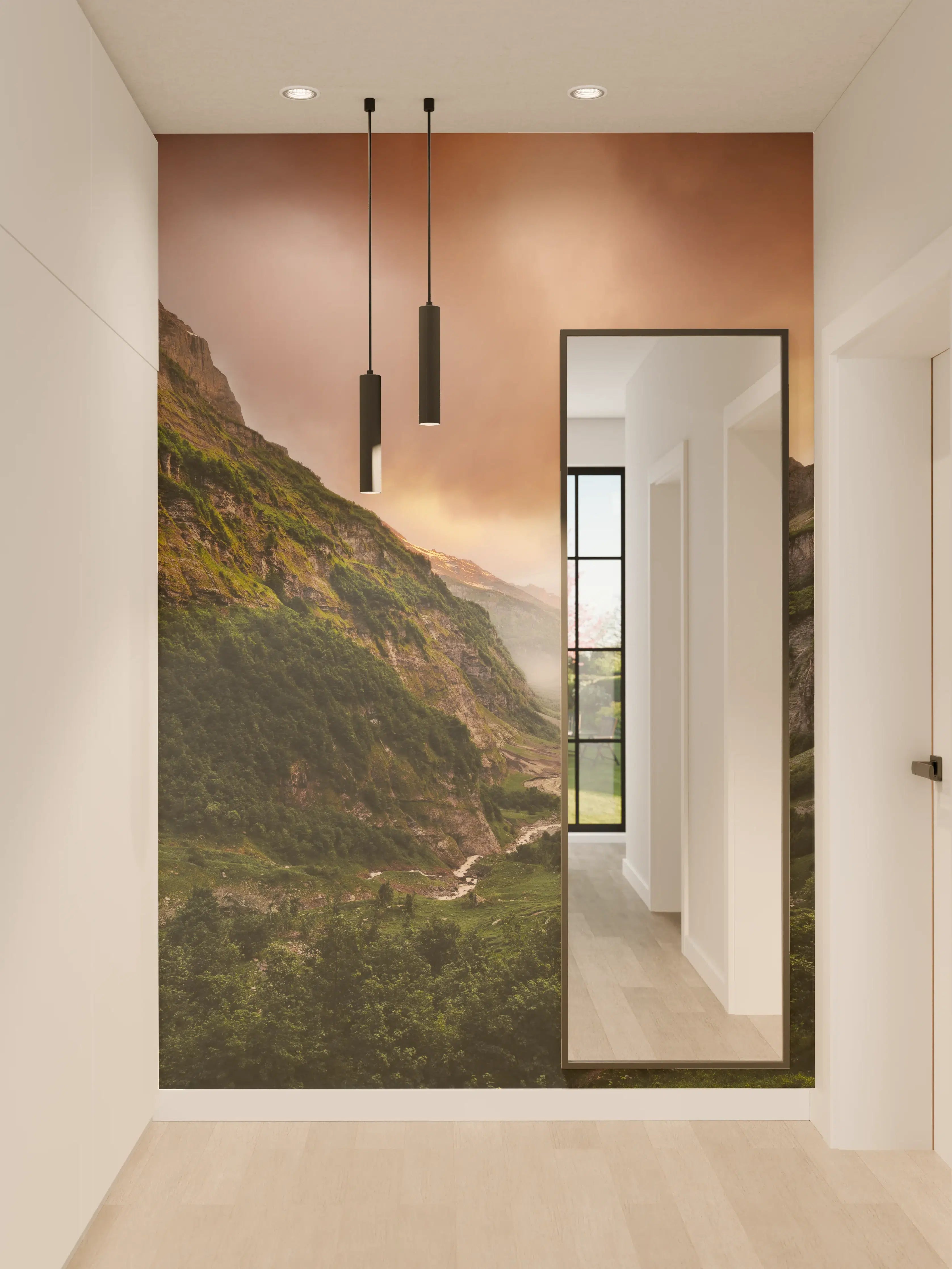 Wandverkleidung Flur - Majestätischer Bergfluss bei Sonnenuntergang