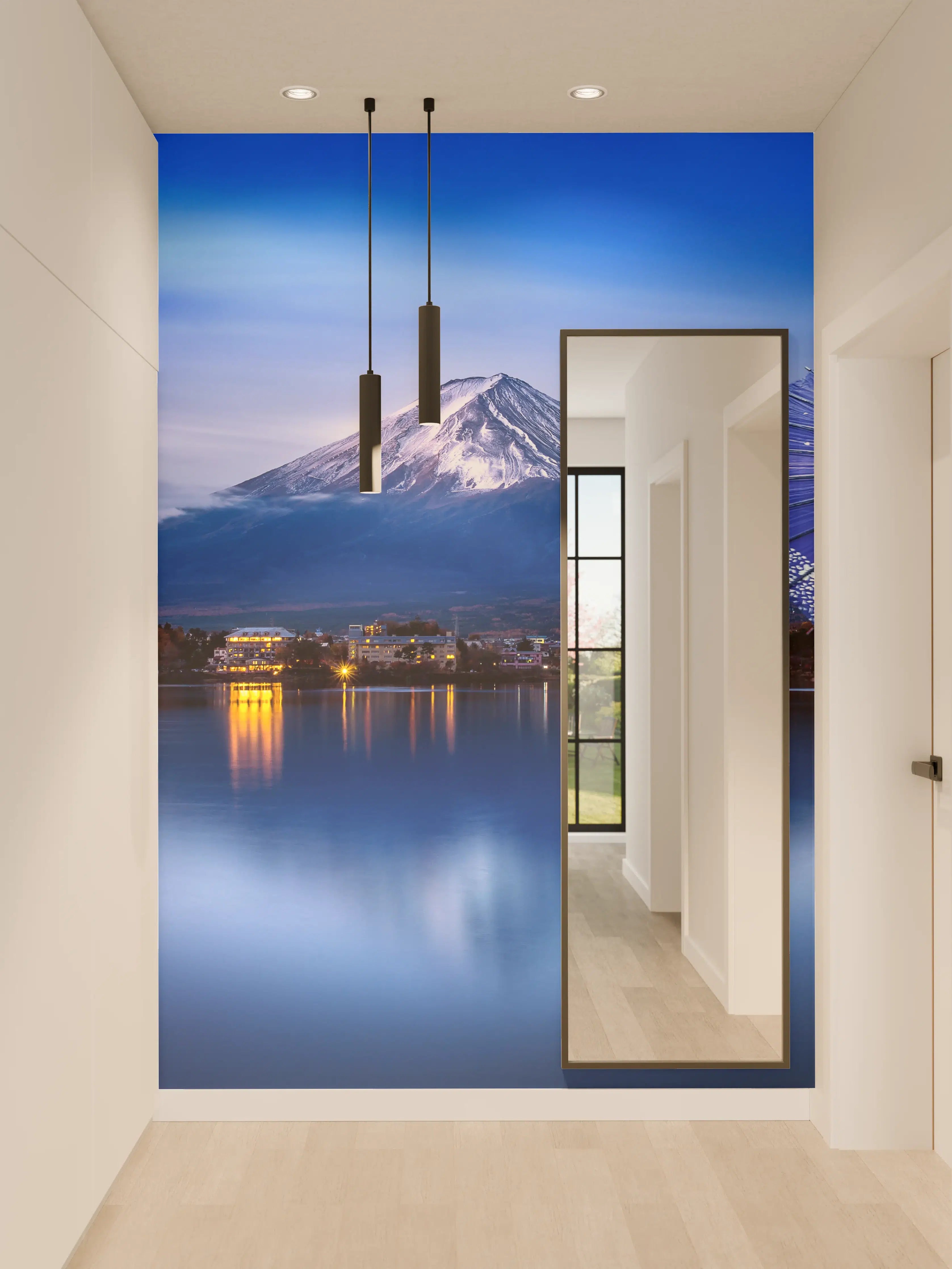 Wandverkleidung Flur - Majestätischer Blick auf den Fuji bei Nacht