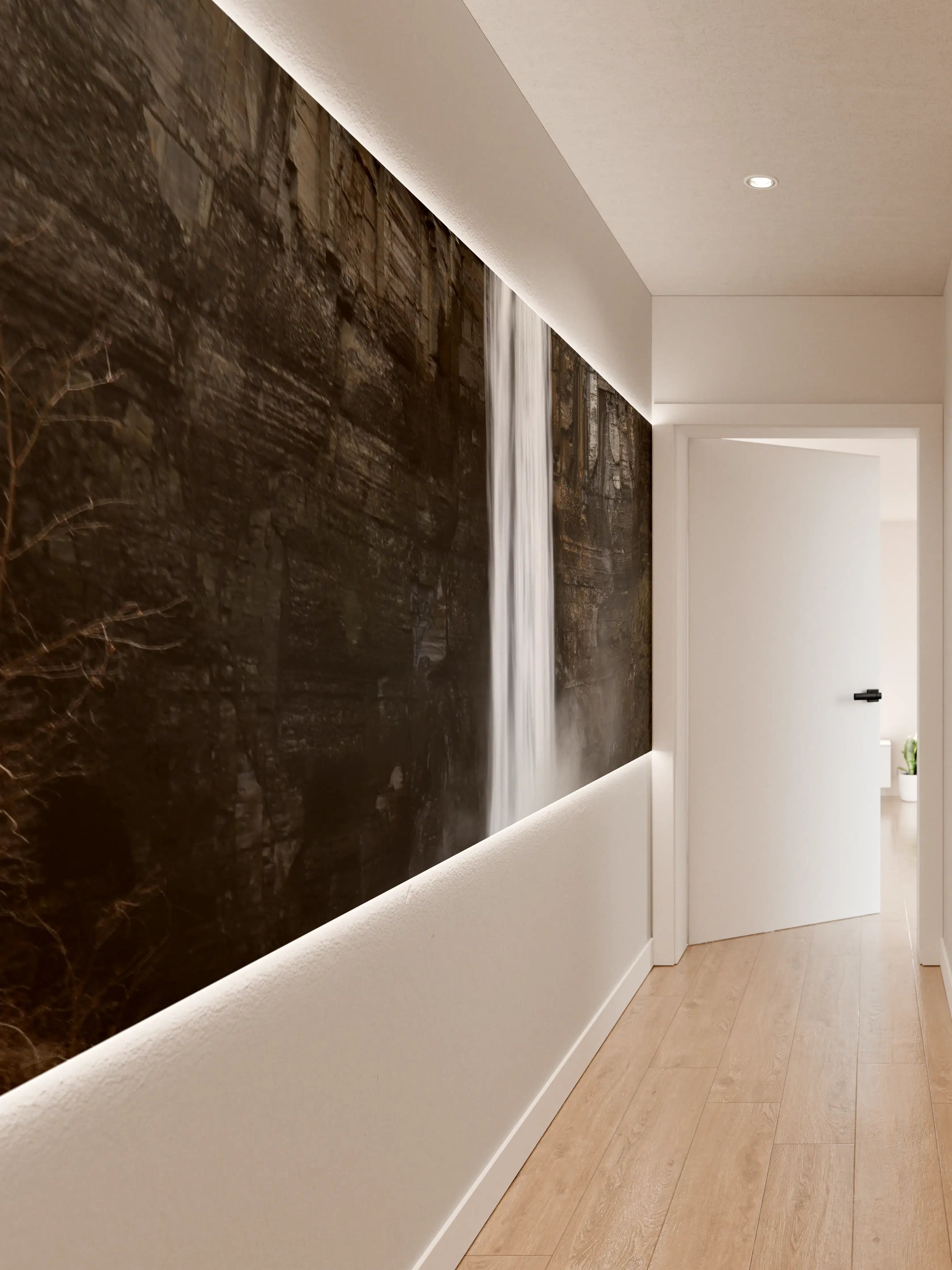 Wandverkleidung Flur - Majestätischer Wasserfall vor dunklem Felsen