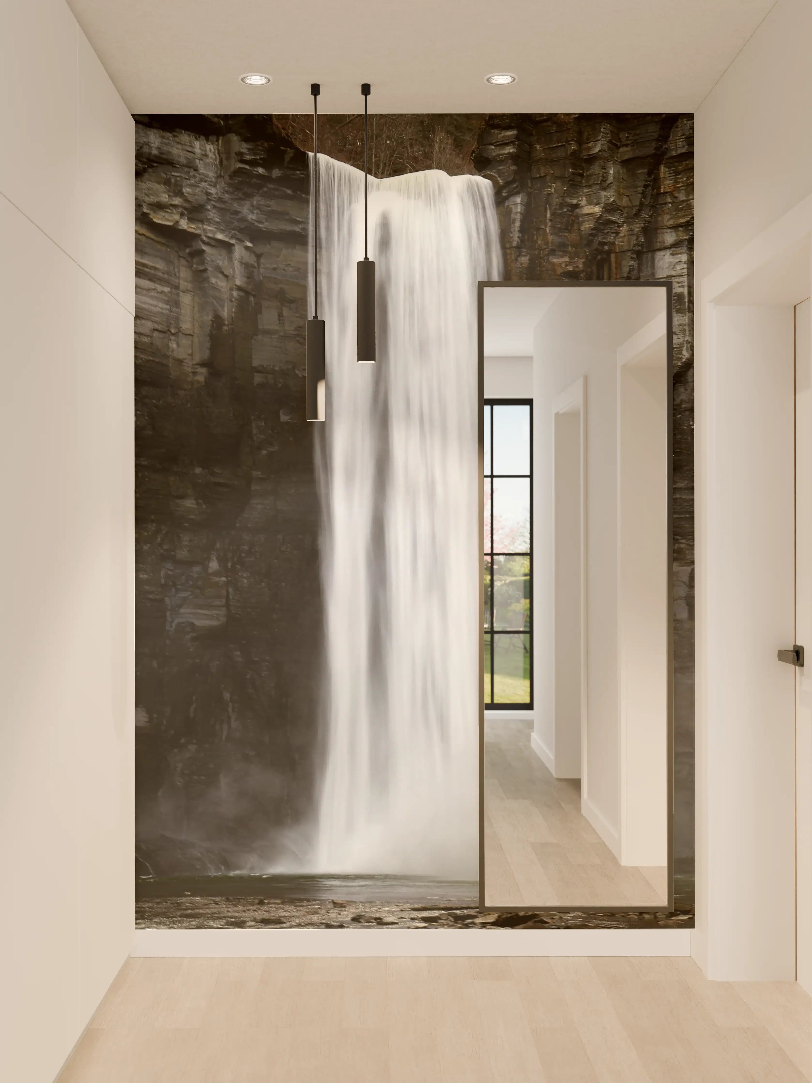 Wandverkleidung Flur - Majestätischer Wasserfall vor dunklem Felsen