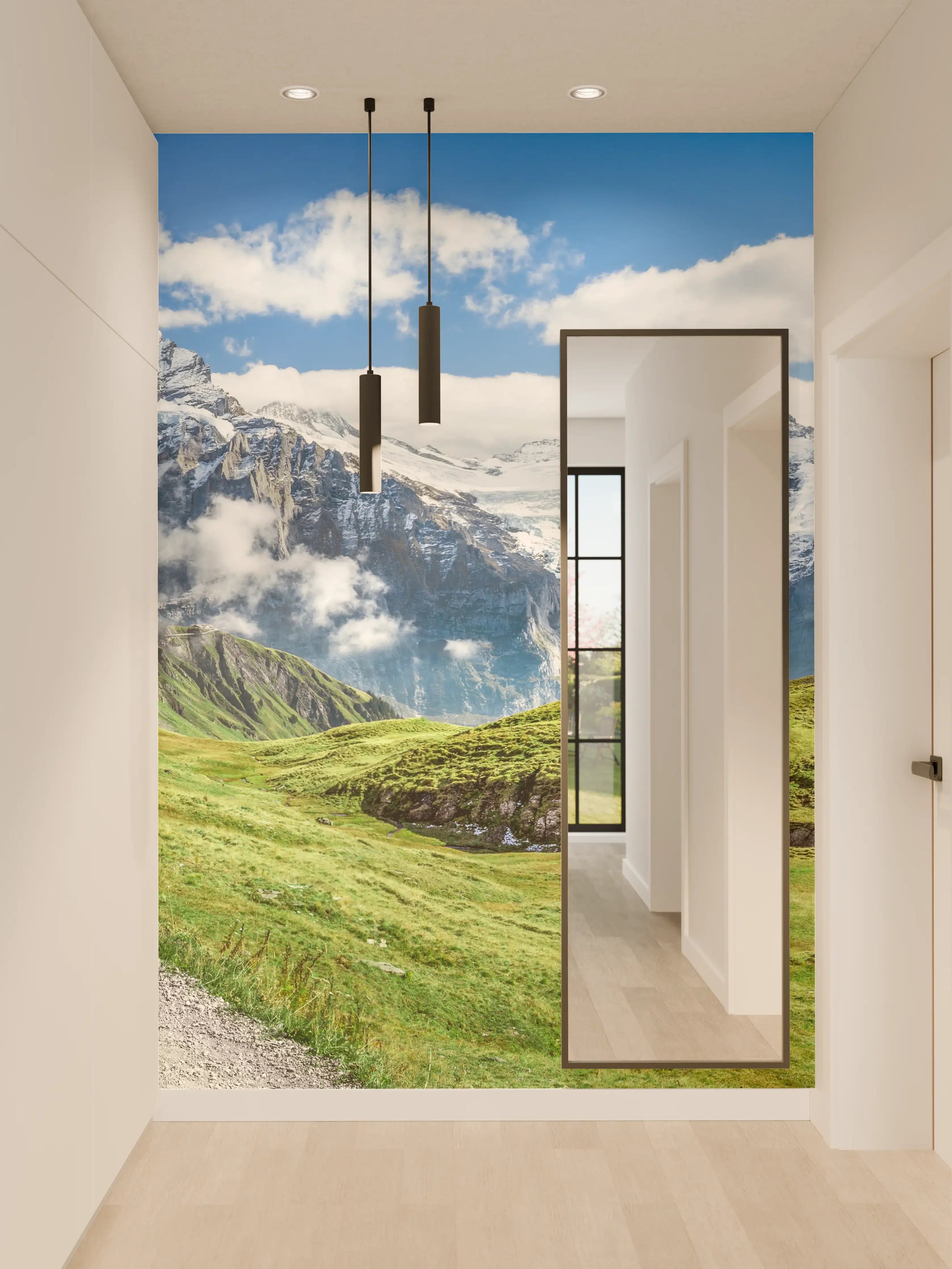 Wandverkleidung Flur - Malerische Berglandschaft mit Weg im Grünen