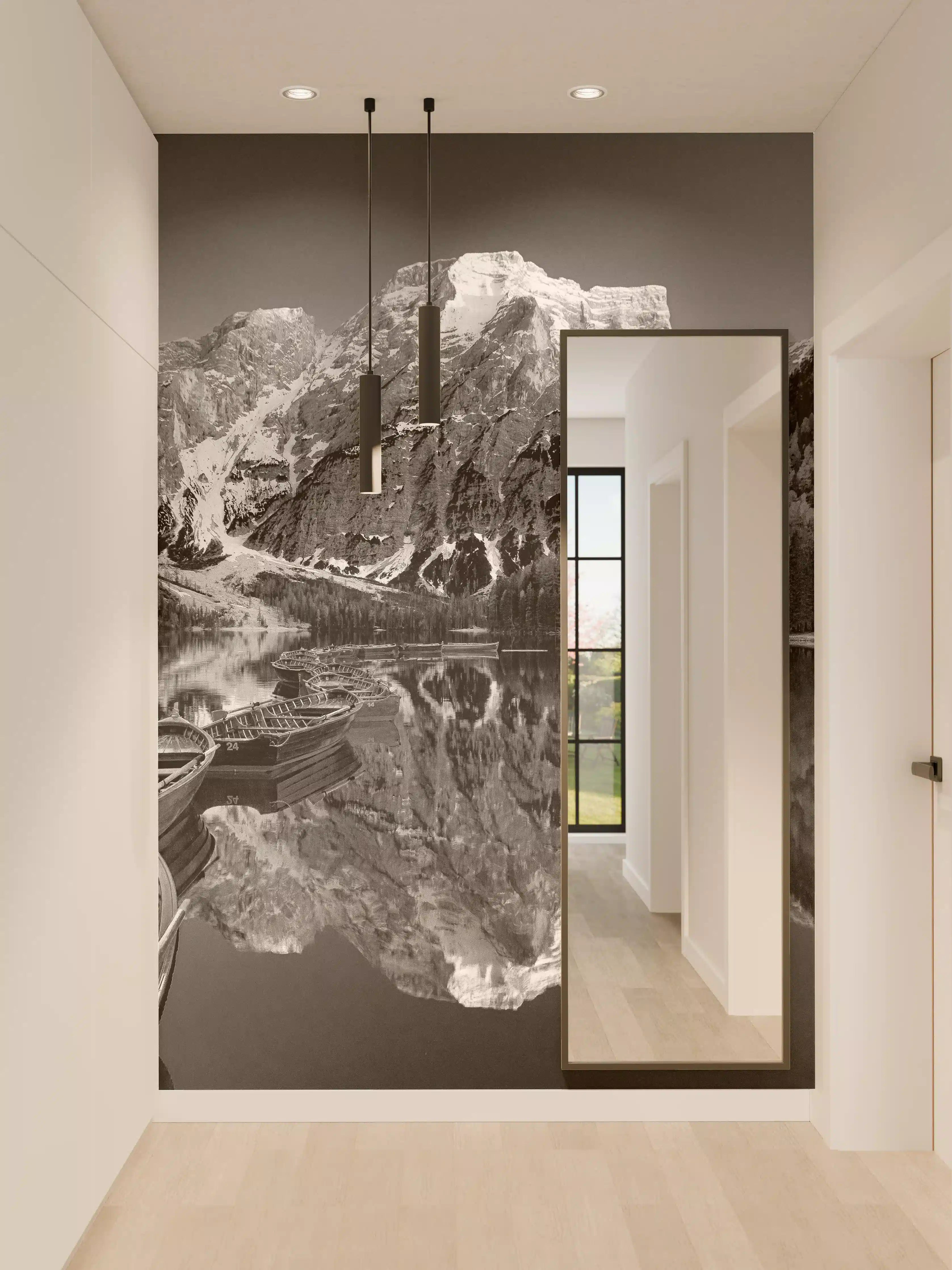 Wandverkleidung Flur - Malerische Bergsee mit Booten im Spiegel