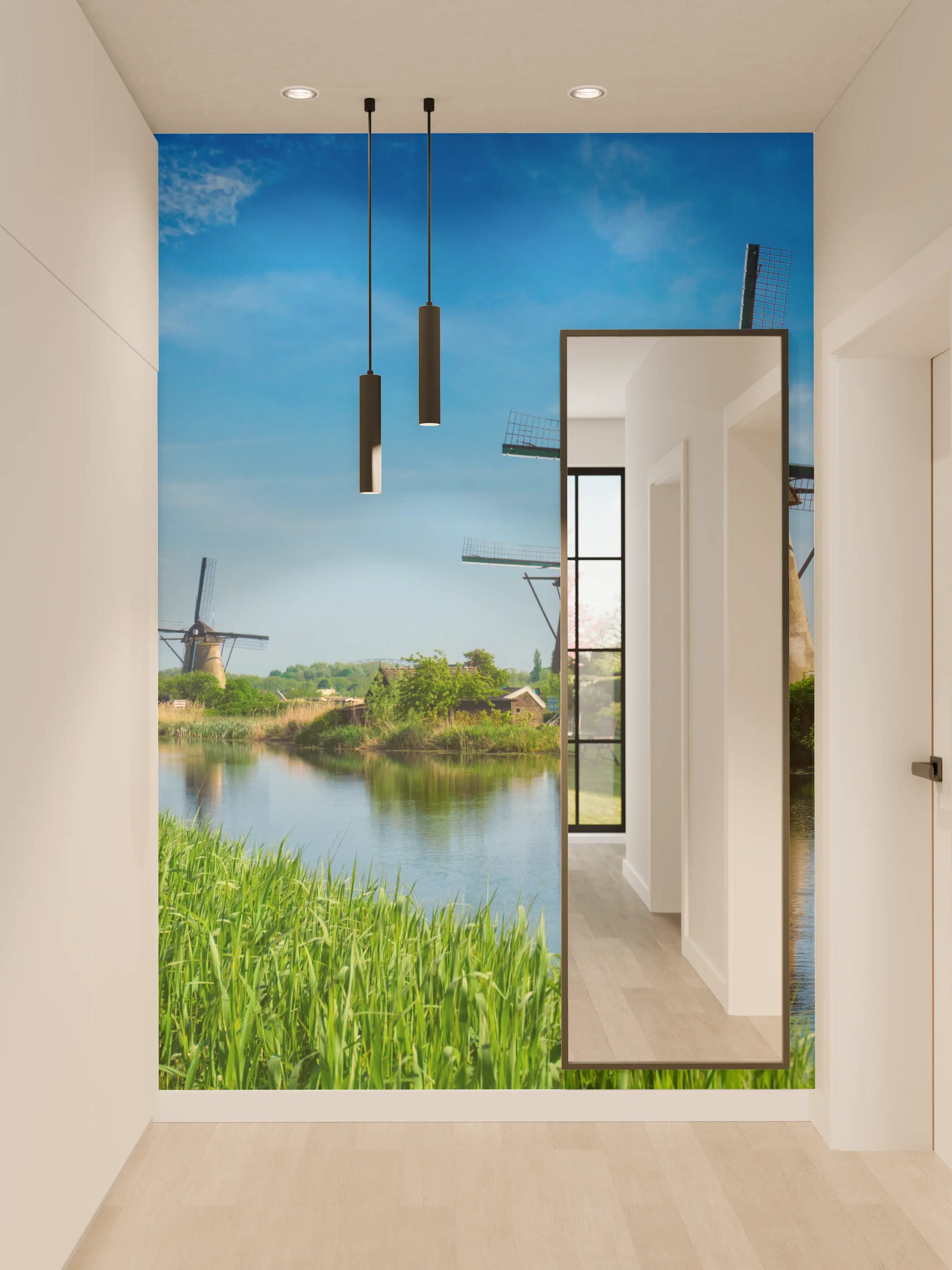 Wandverkleidung Flur - Malerische Windmühlen an einem ruhigen Wasserarm