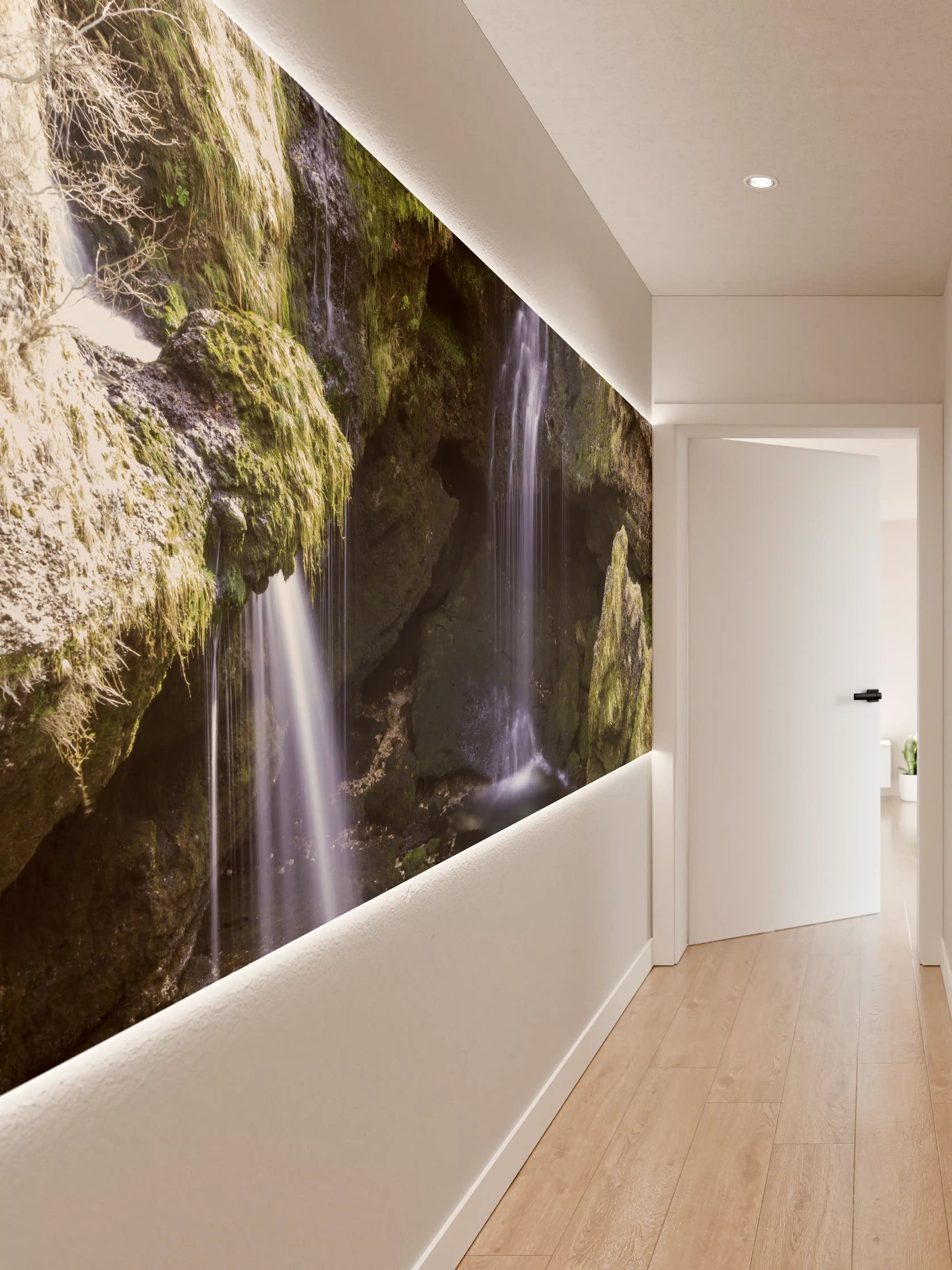 Wandverkleidung Flur - Malerischer Wasserfall in einer grünen Felsenwelt