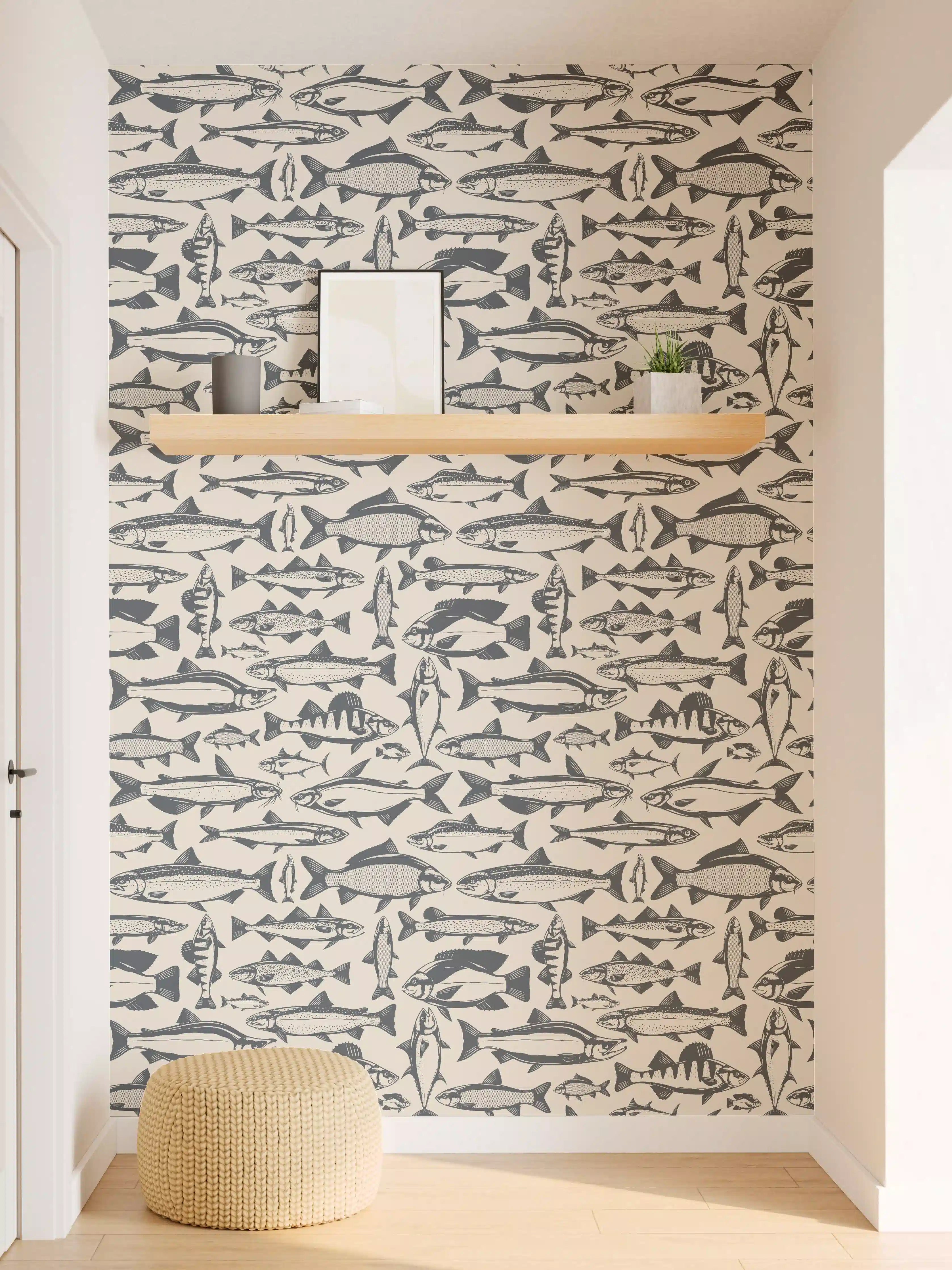 Wandverkleidung Flur - Maritimes Fischmuster Beige-Blau