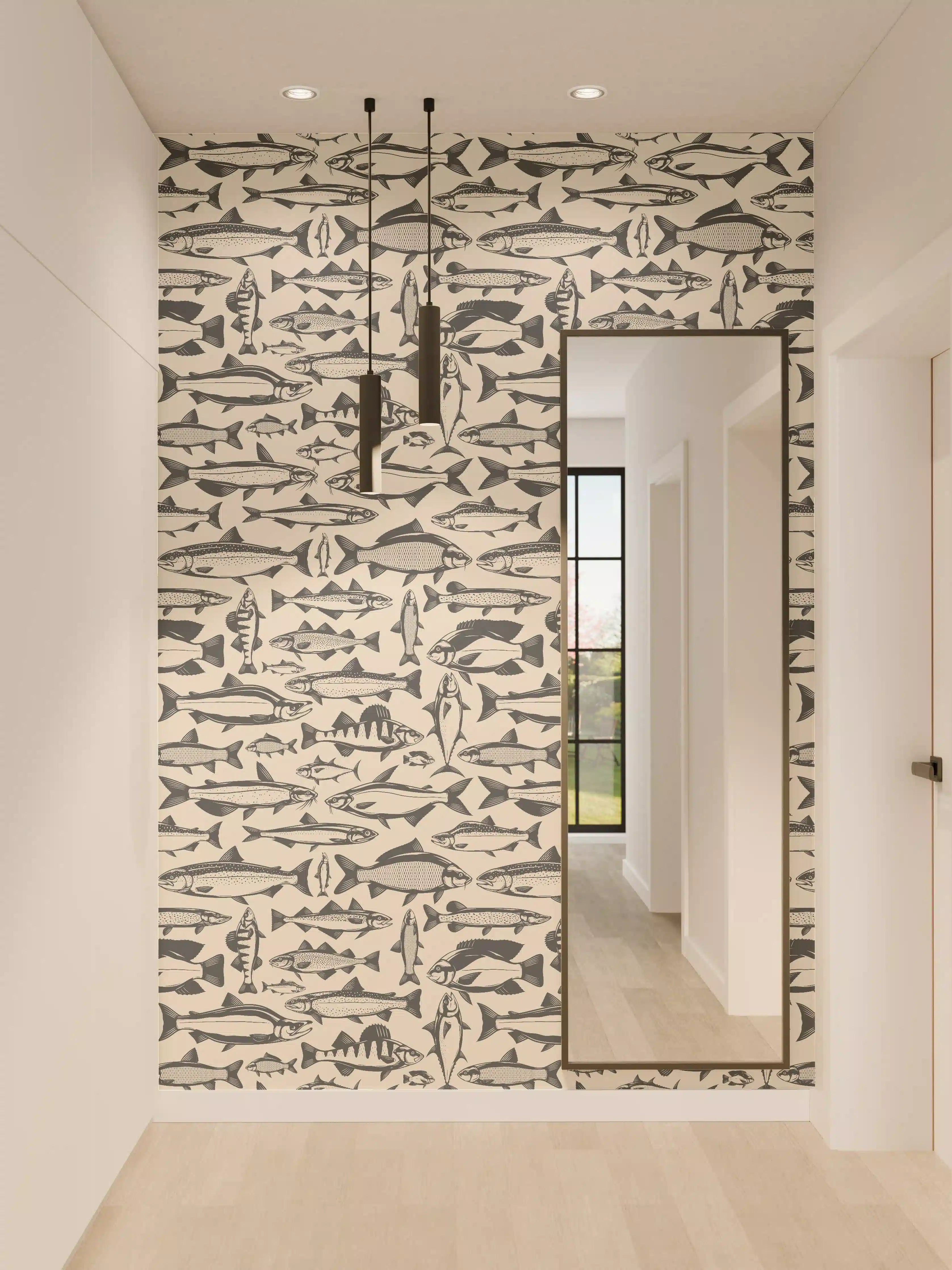 Wandverkleidung Flur - Maritimes Fischmuster Beige-Blau