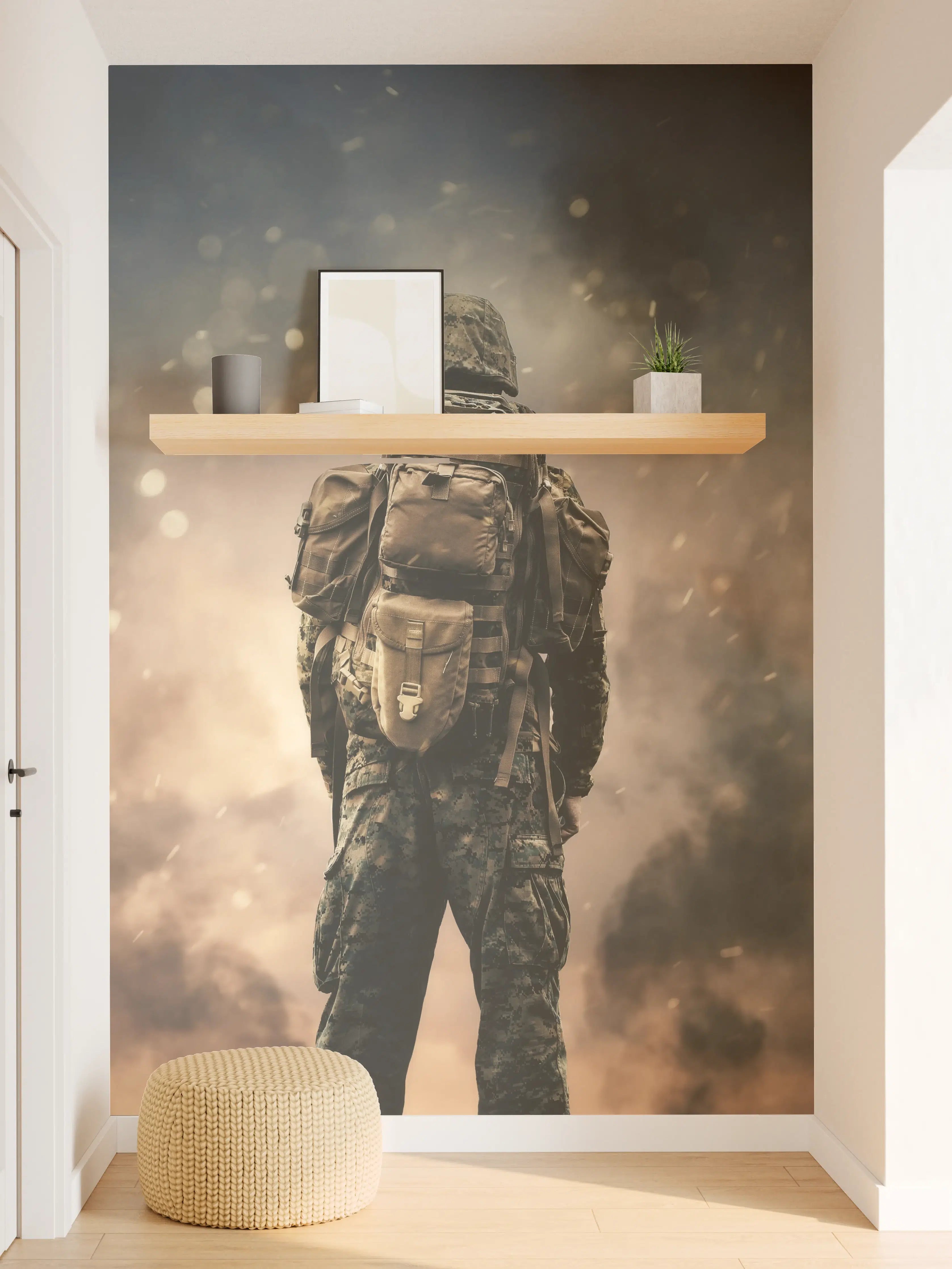 Wandverkleidung Flur - Militärsoldat zwischen Rauch und Staub