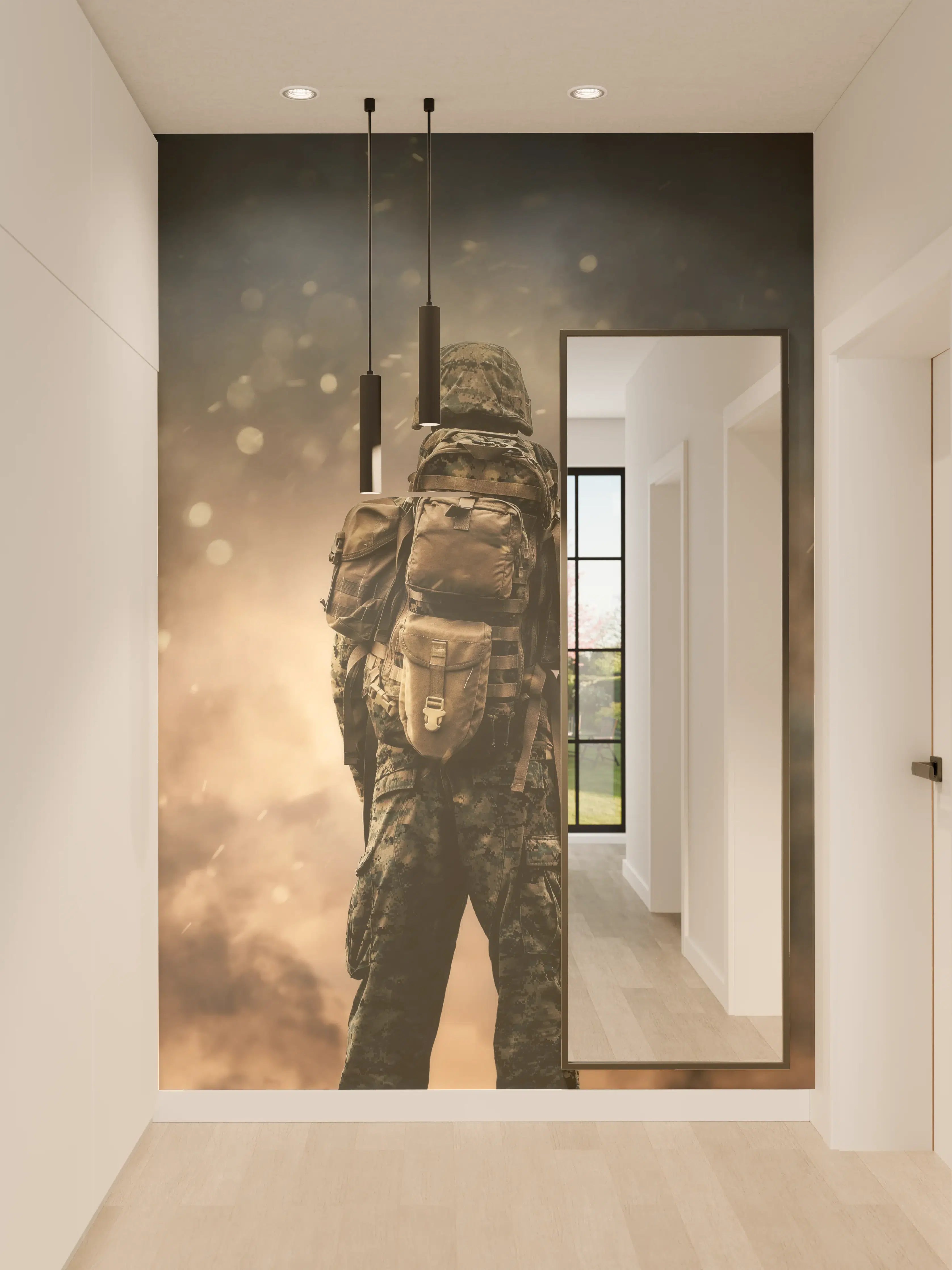 Wandverkleidung Flur - Militärsoldat zwischen Rauch und Staub