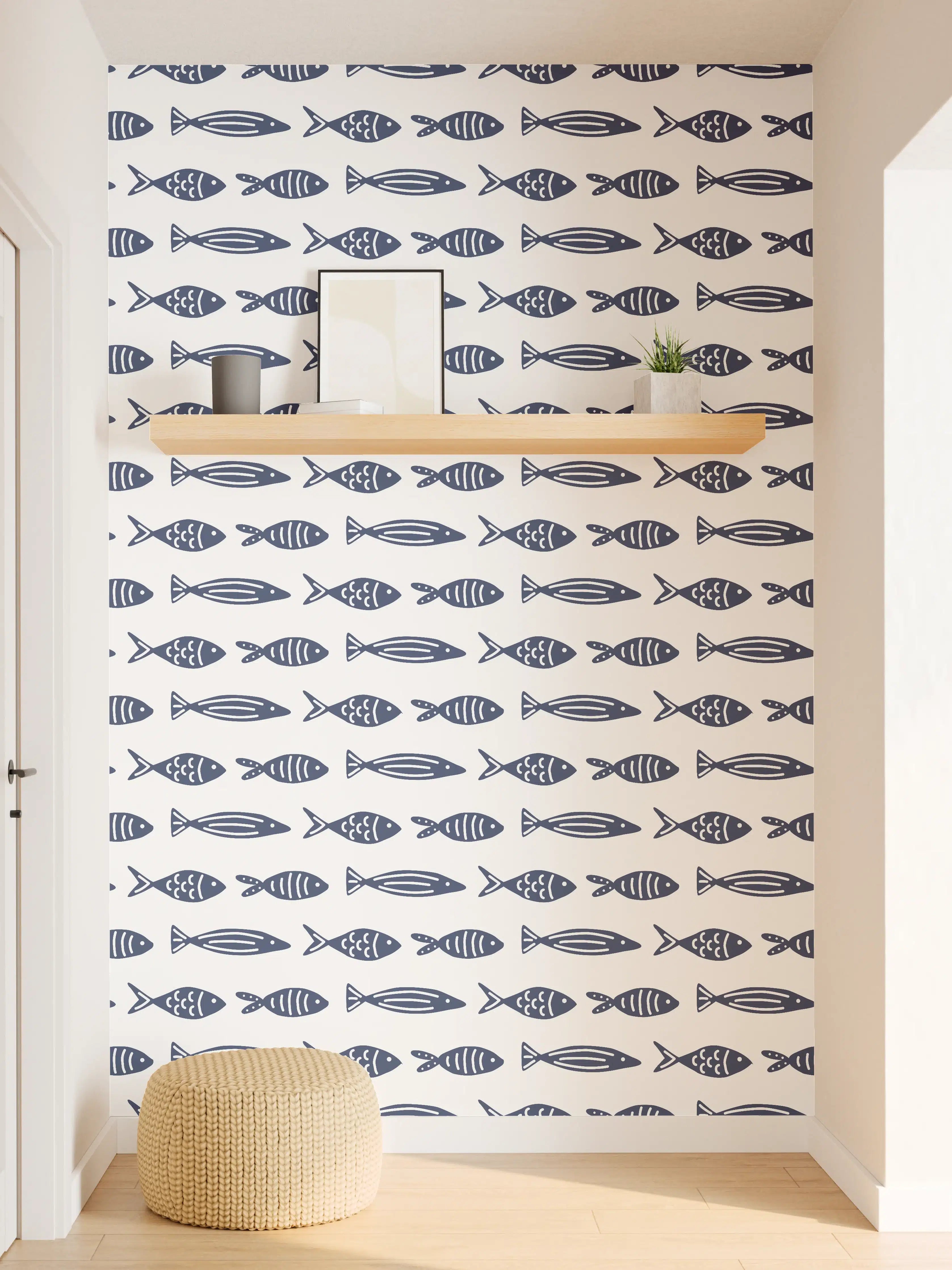 Wandverkleidung Flur - Minimalistische Fische Blau-Weiß