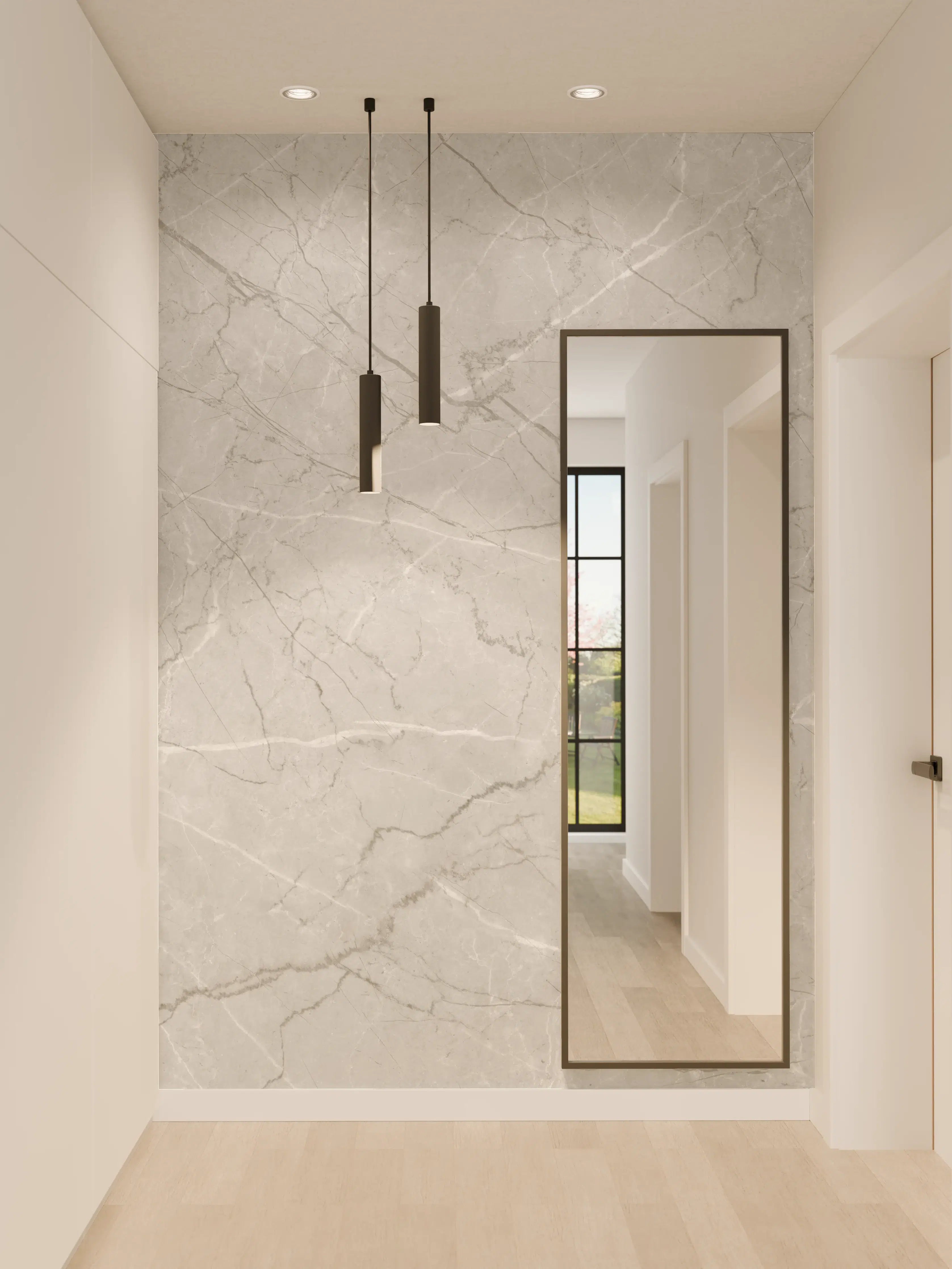 Wandverkleidung Flur - Minimalistische Marmorfläche in Weiß und Grau