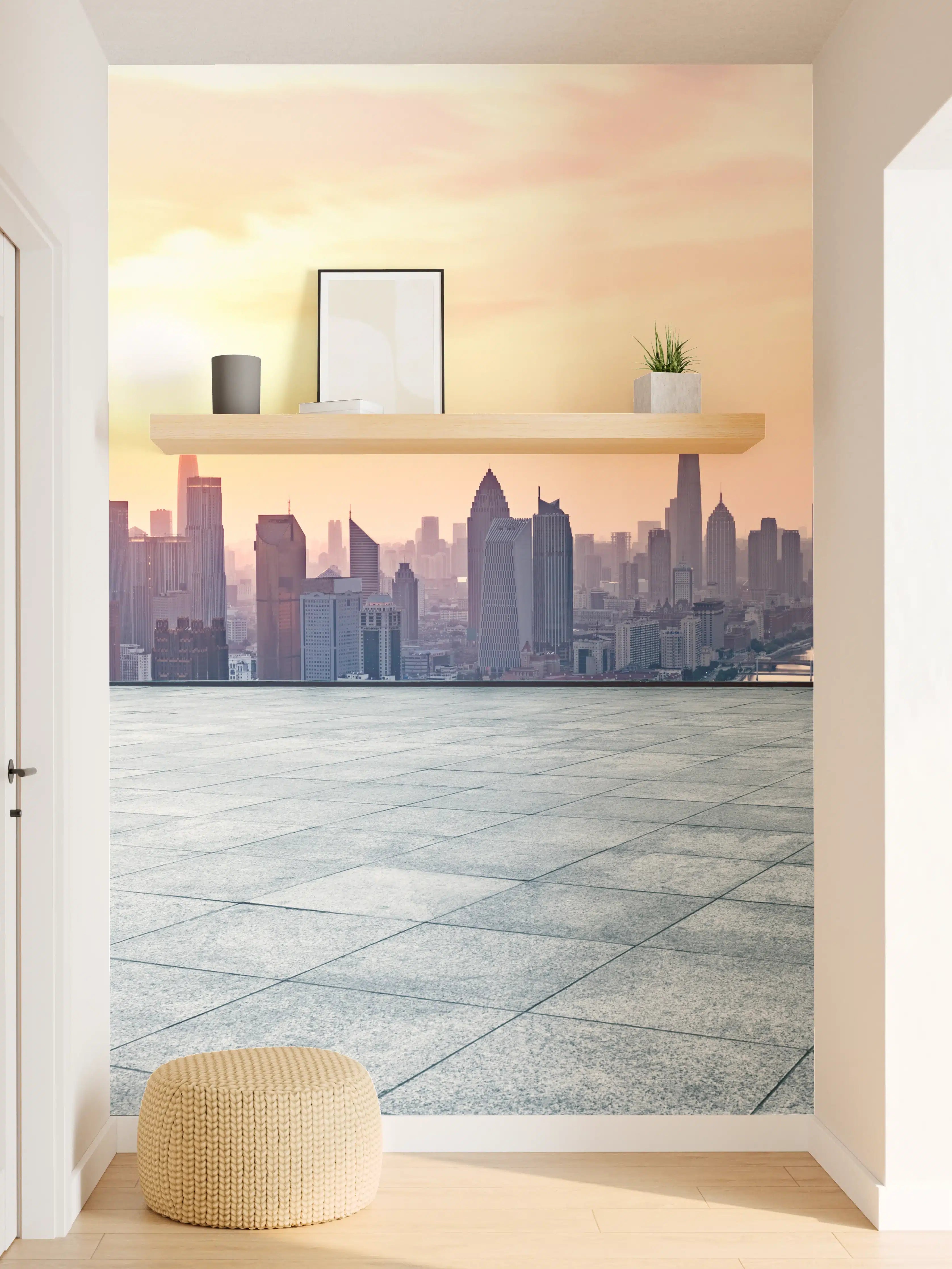 Wandverkleidung Flur - Moderne Dachterrasse mit Stadtblick bei Sonnenuntergang