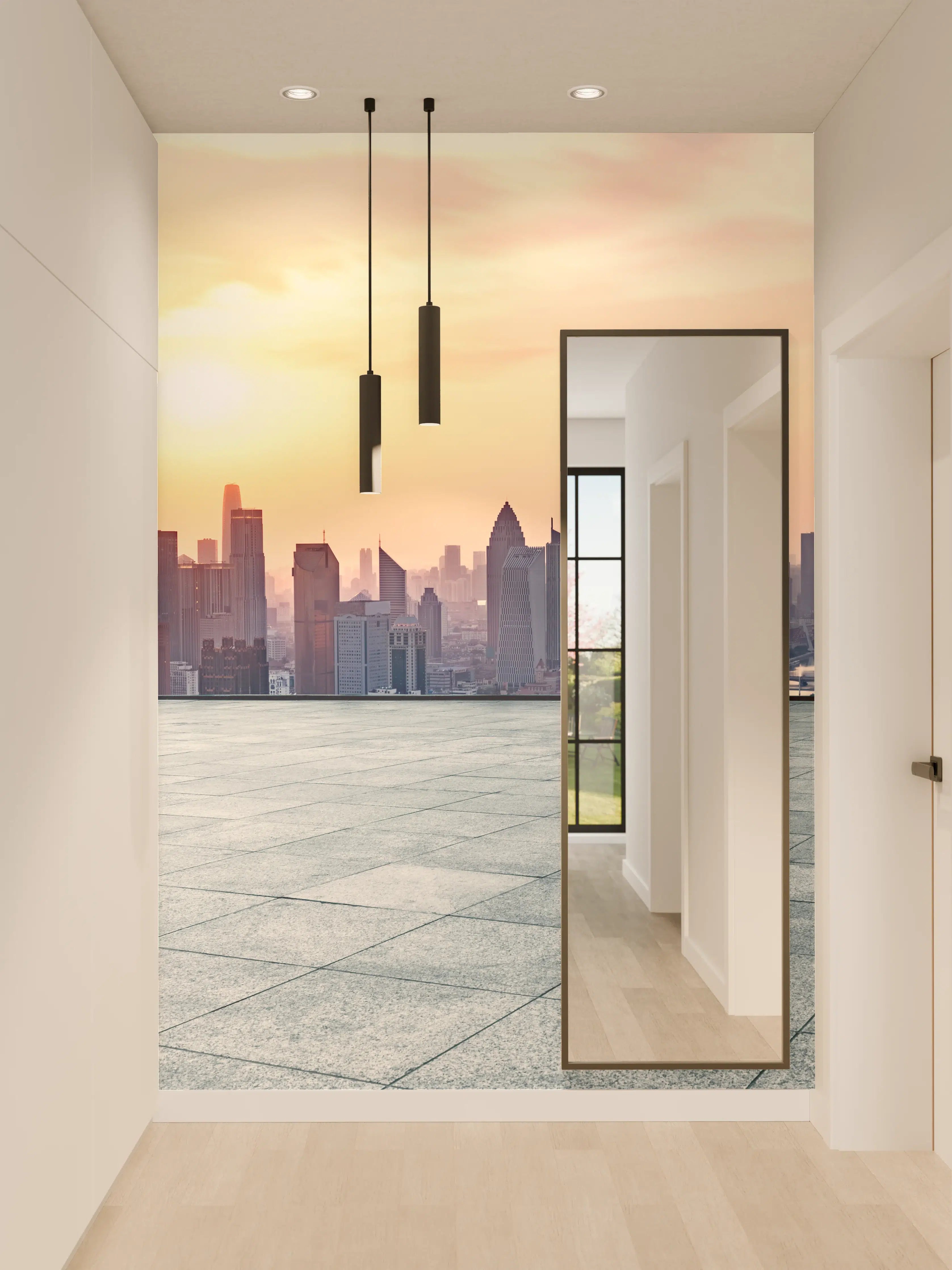 Wandverkleidung Flur - Moderne Dachterrasse mit Stadtblick bei Sonnenuntergang