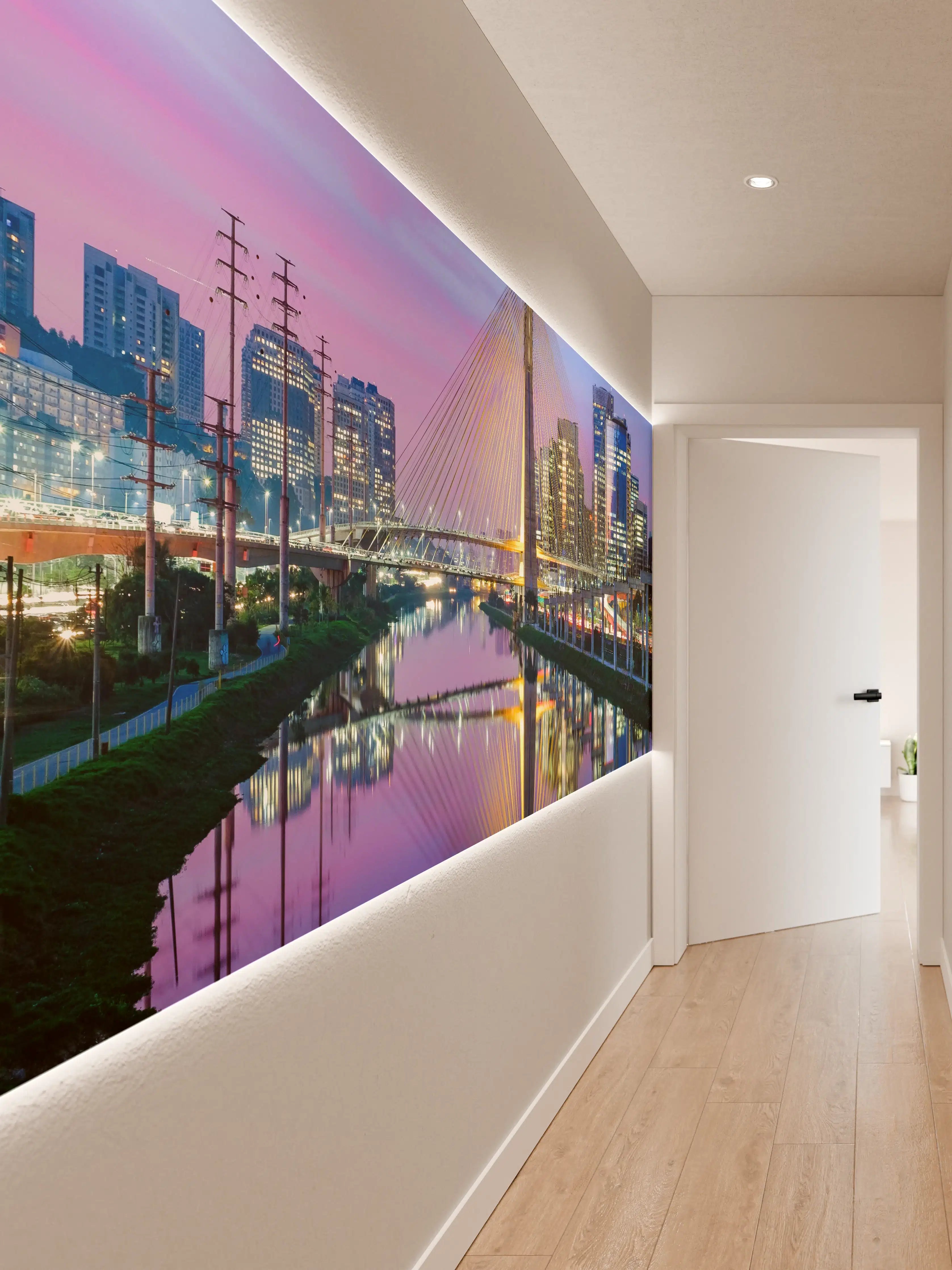 Wandverkleidung Flur - Moderne Stadtsilhouette bei Sonnenuntergang