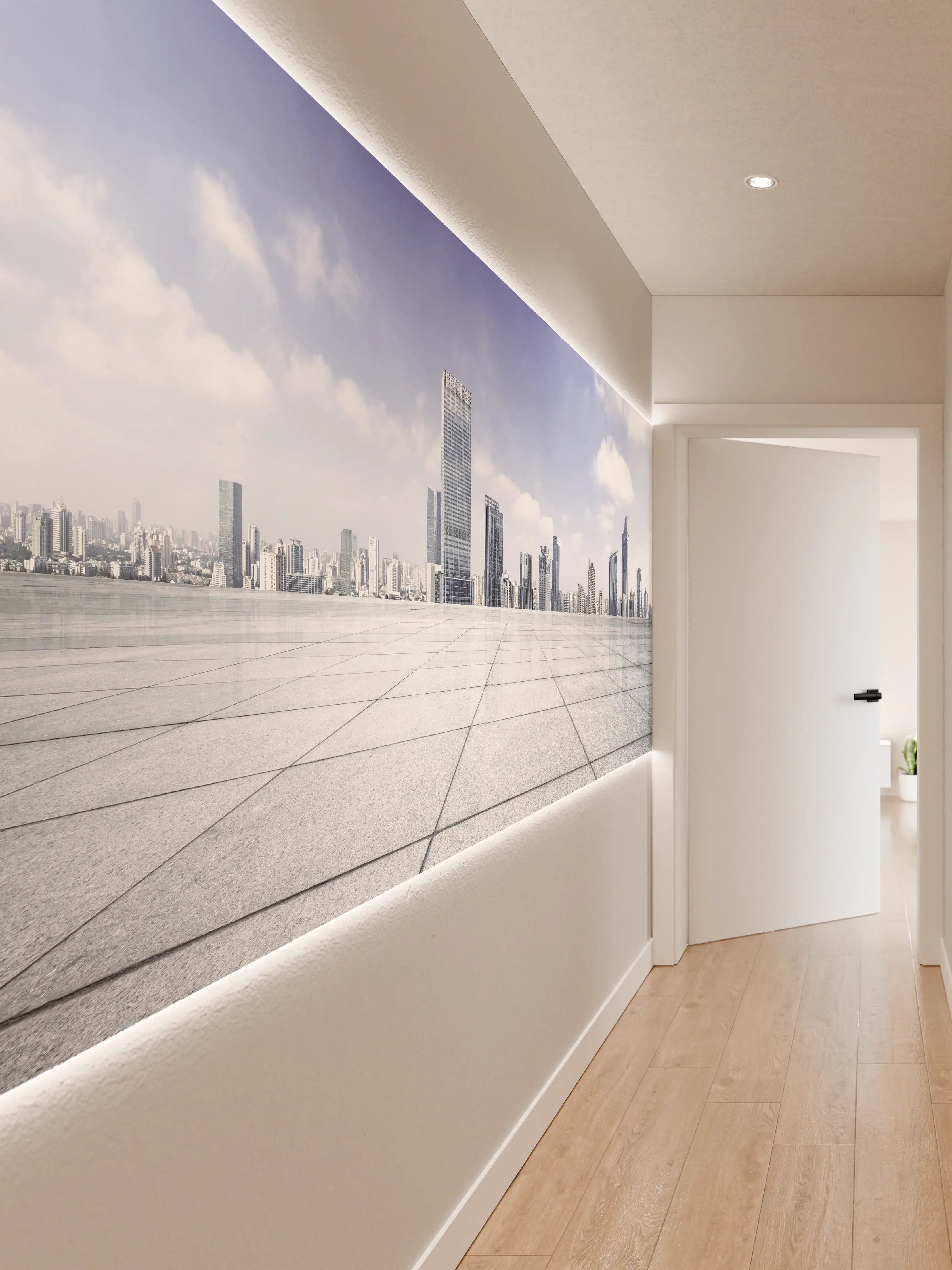 Wandverkleidung Flur - Moderner Skyline und Gebäuden