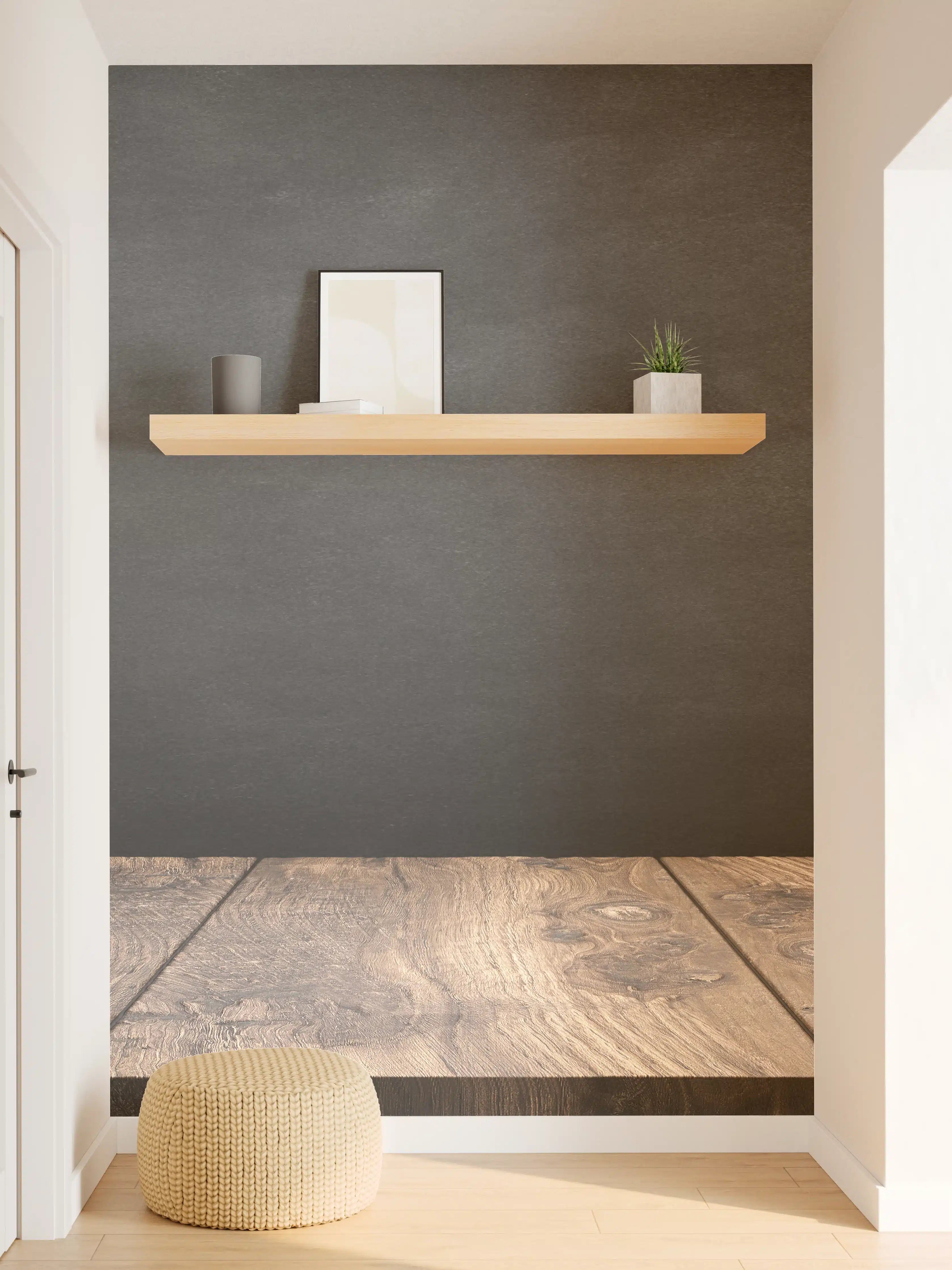 Wandverkleidung Flur - Modernes Holzregal vor grauer Wand