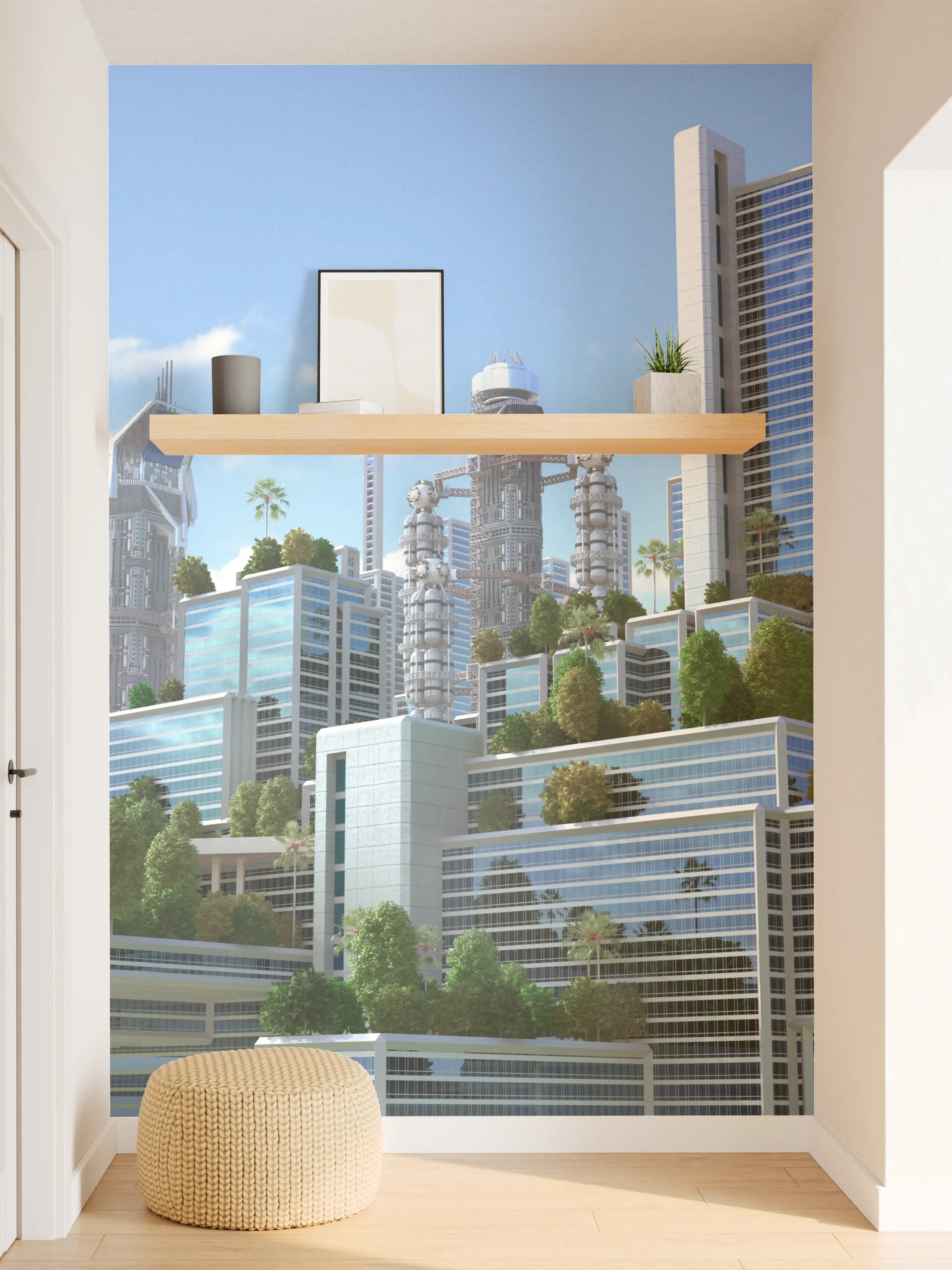 Wandverkleidung Flur - Modernes Stadtbild mit Hochhäusern