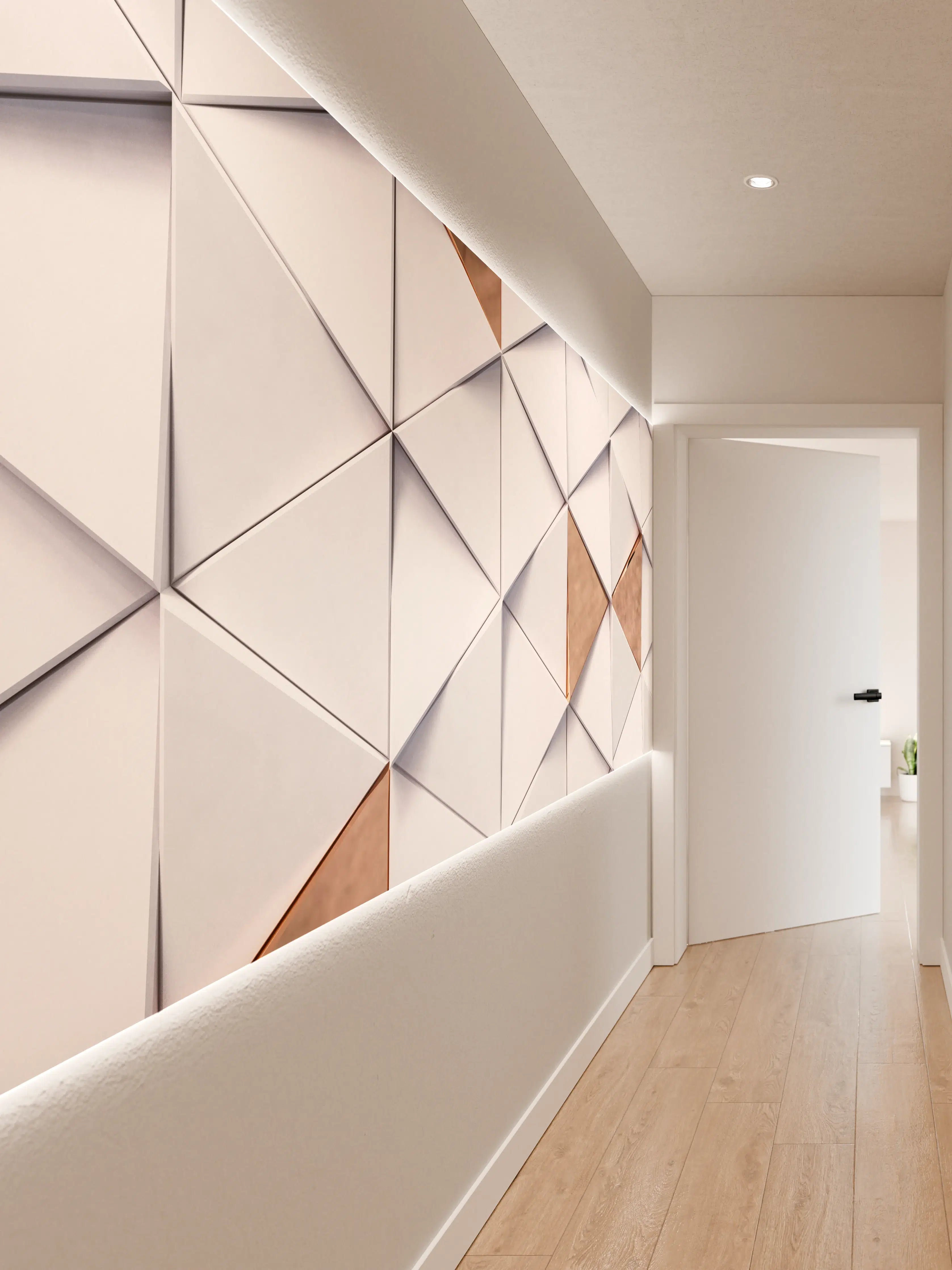 Wandverkleidung Flur - Modernes, geometrisches Wanddekor aus weißen und bronzefarbenen Dreiecken