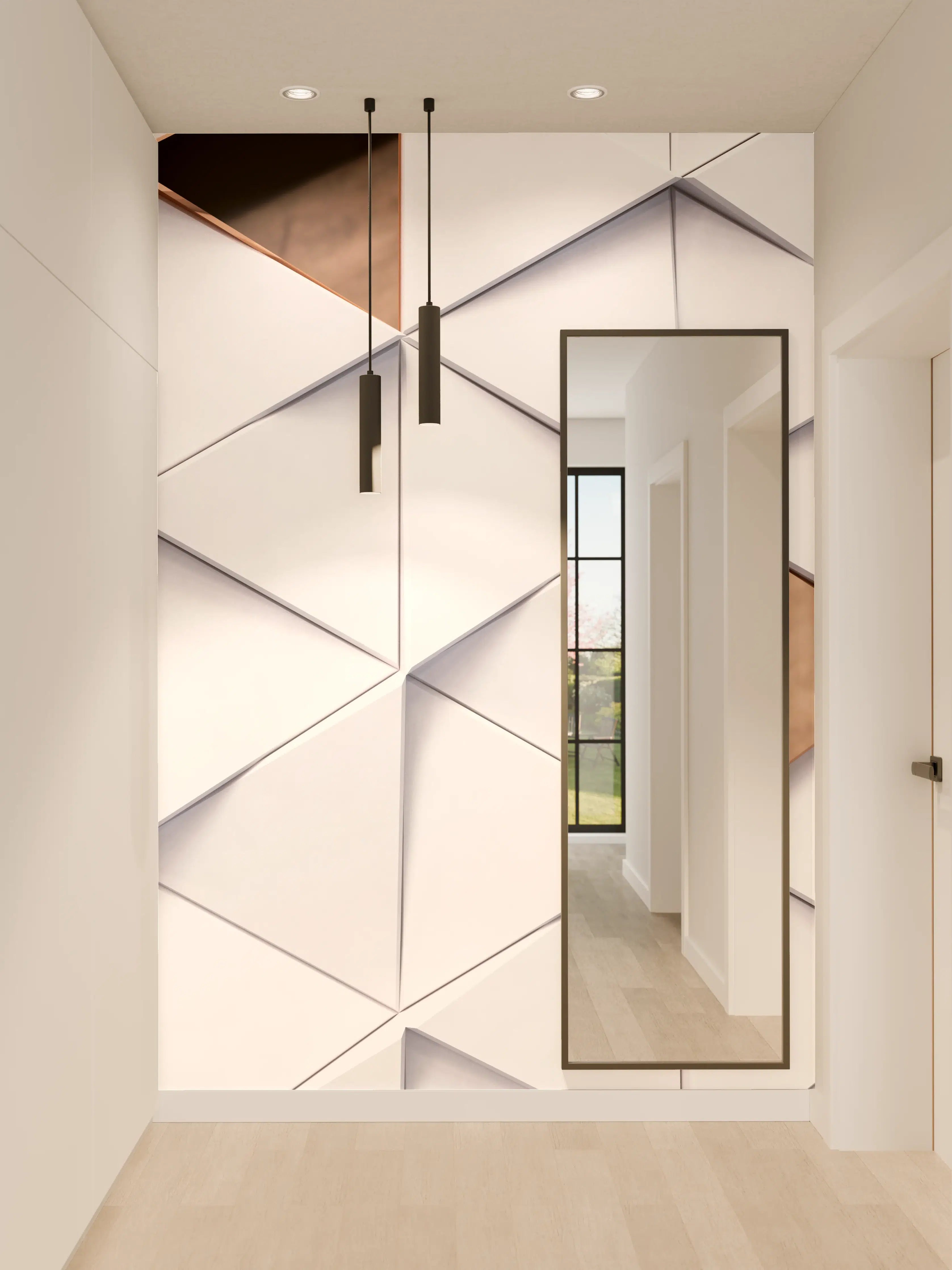 Wandverkleidung Flur - Modernes, geometrisches Wanddekor aus weißen und bronzefarbenen Dreiecken