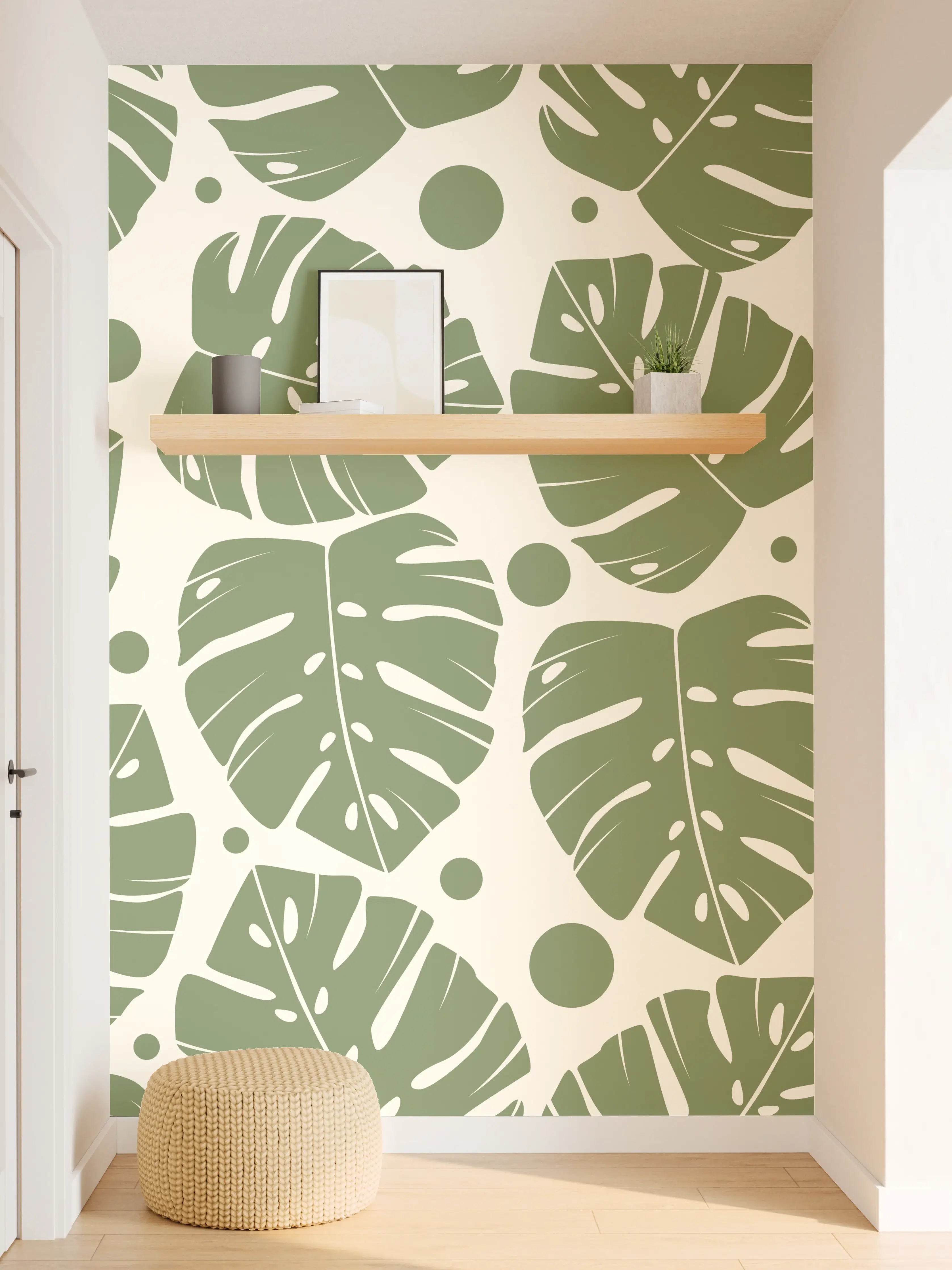 Wandverkleidung Flur - Monstera-Blätter Cremegrün