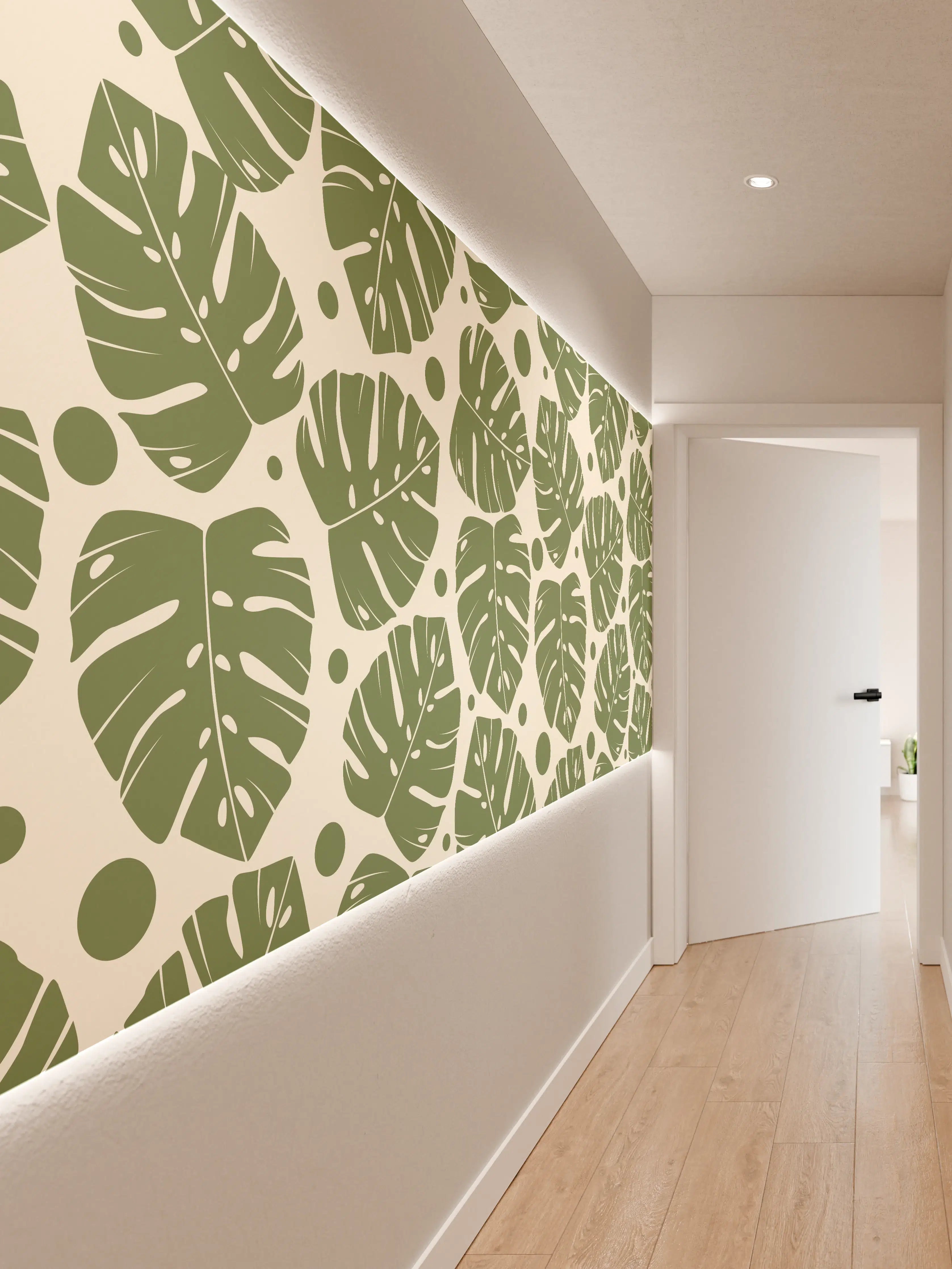 Wandverkleidung Flur - Monstera-Blätter Cremegrün