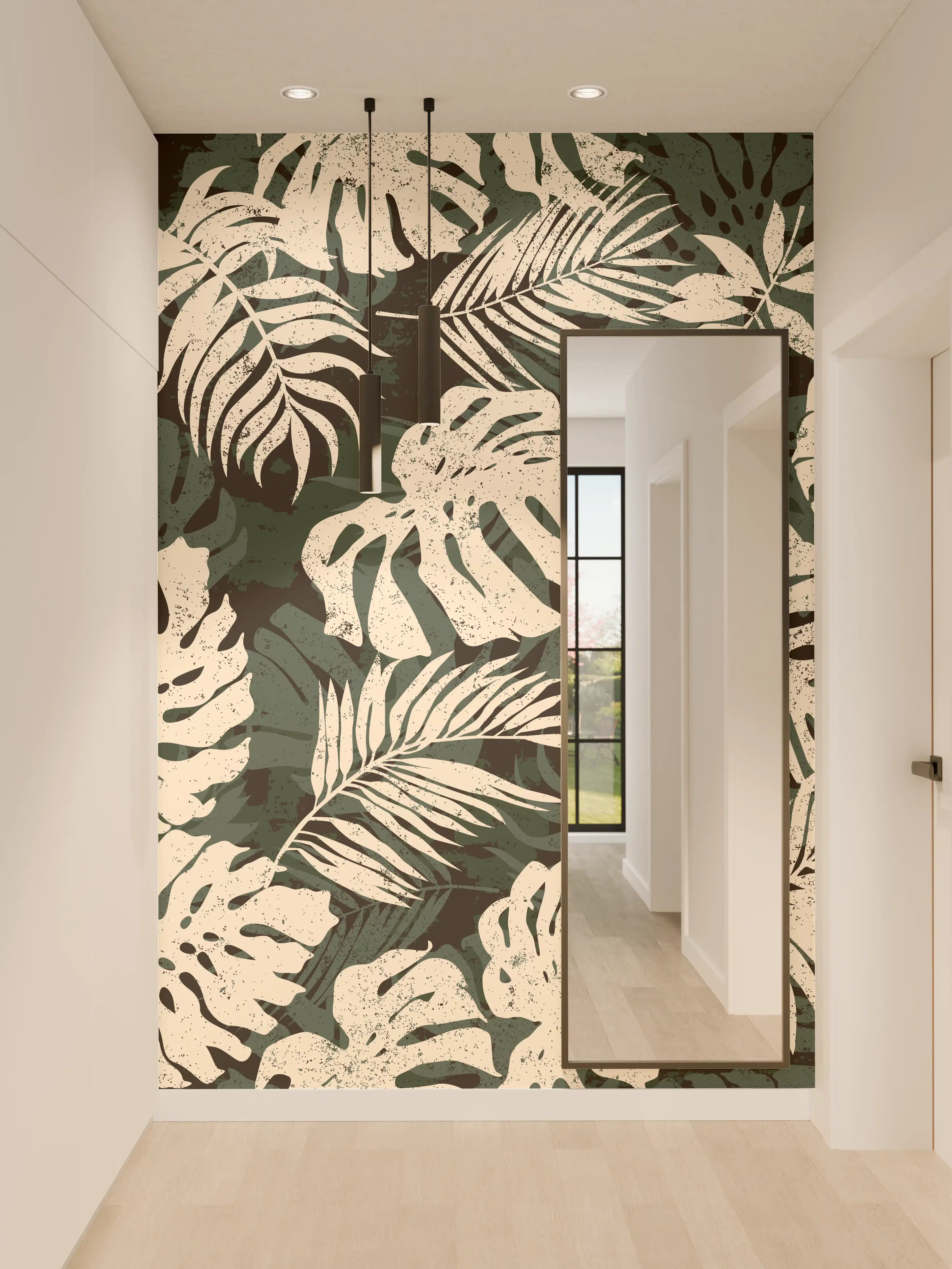Wandverkleidung Flur - Monstera Blattmuster Grün-Beige