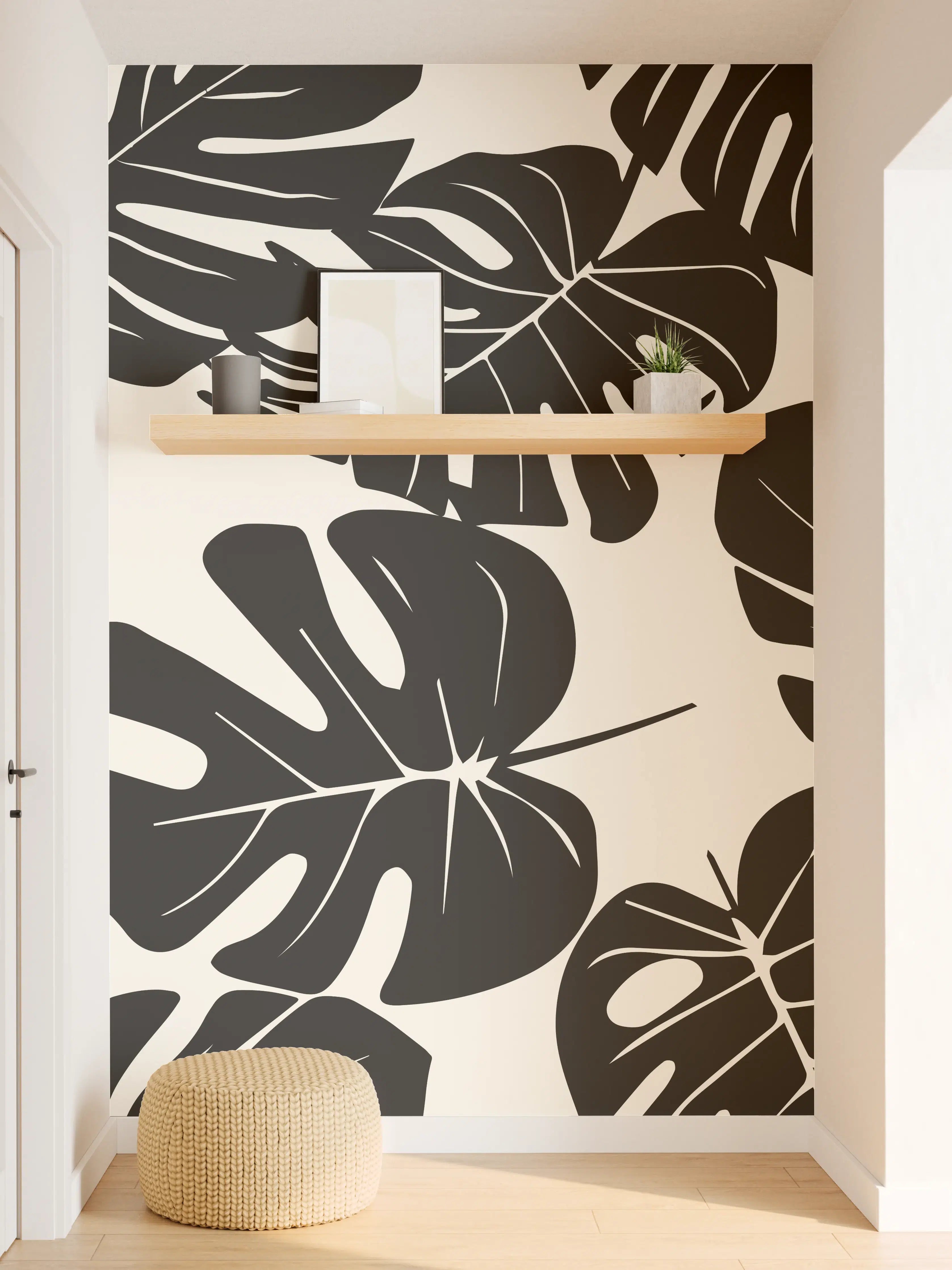 Wandverkleidung Flur - Monstera Schwarz-Beige Muster