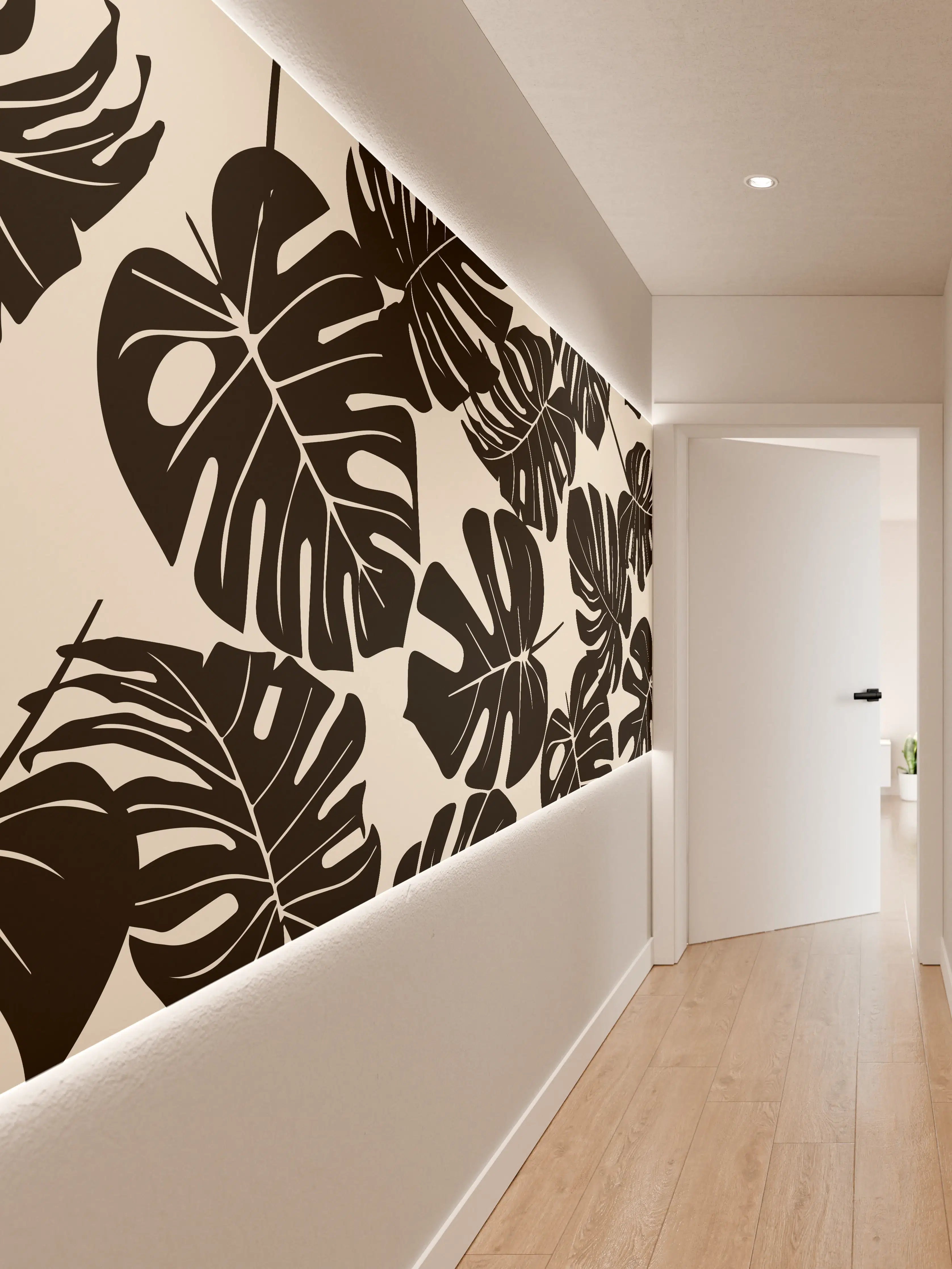 Wandverkleidung Flur - Monstera Schwarz-Beige Muster