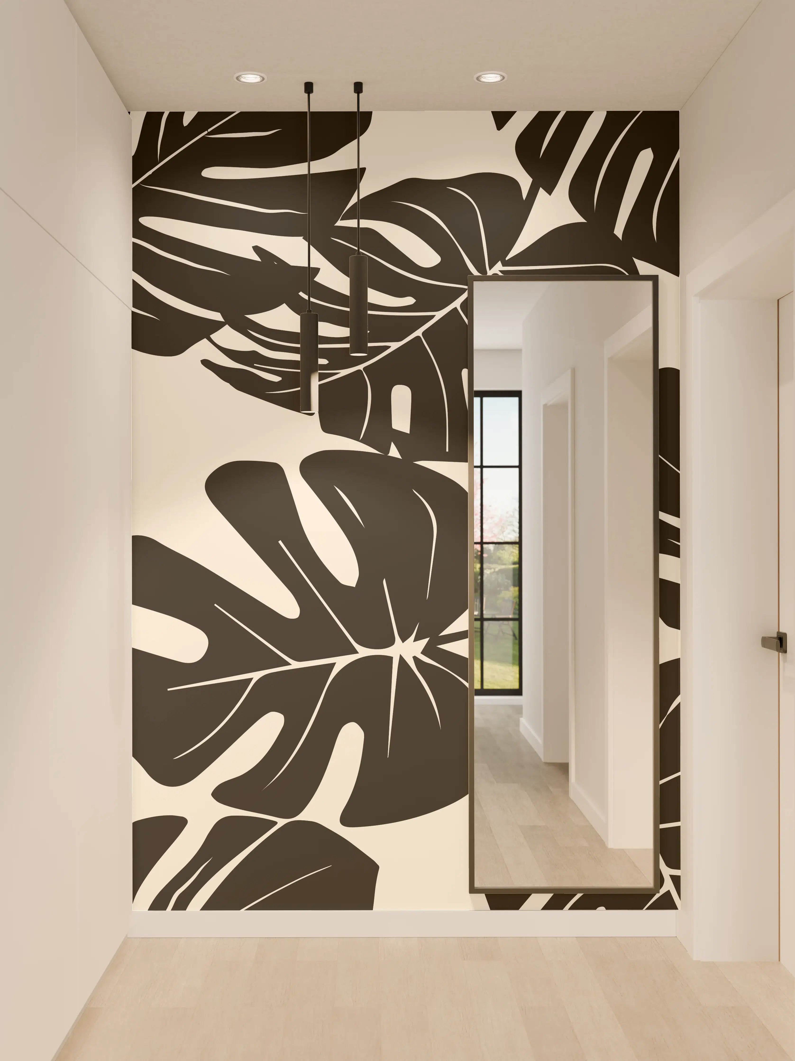 Wandverkleidung Flur - Monstera Schwarz-Beige Muster