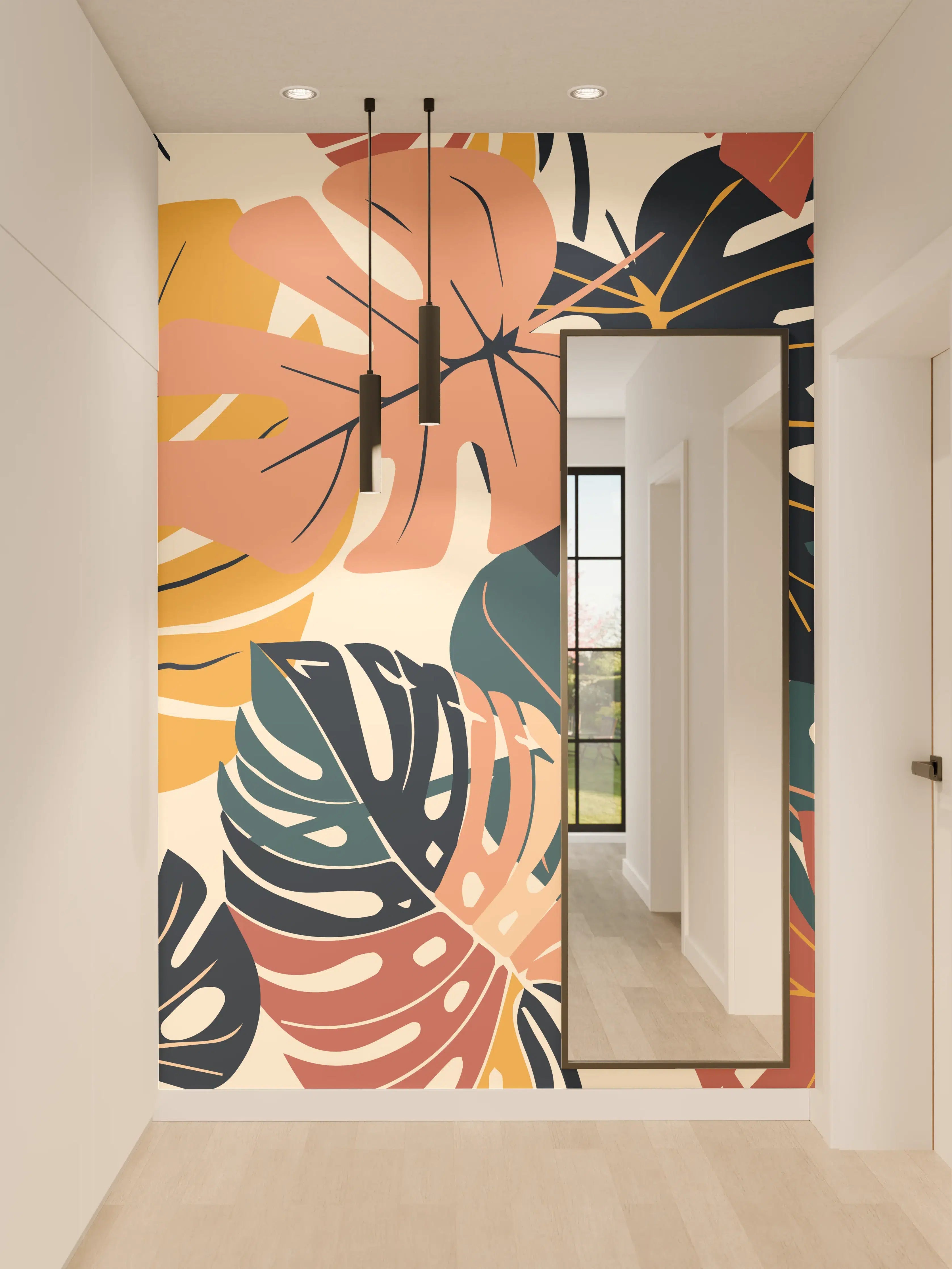 Wandverkleidung Flur - Monstera Tropic Koralle Türkis