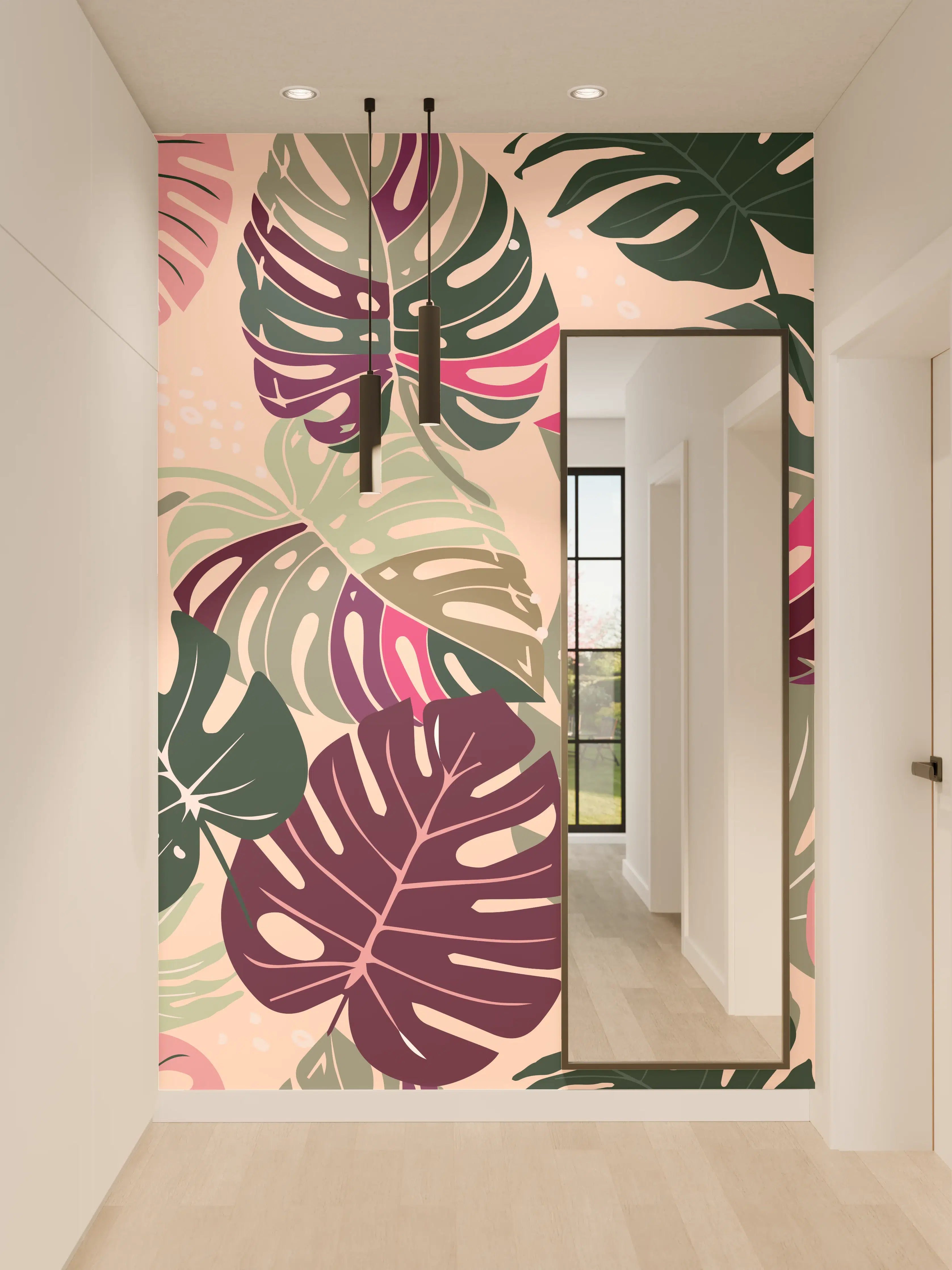 Wandverkleidung Flur - Monstera Tropic Rosa-Grün