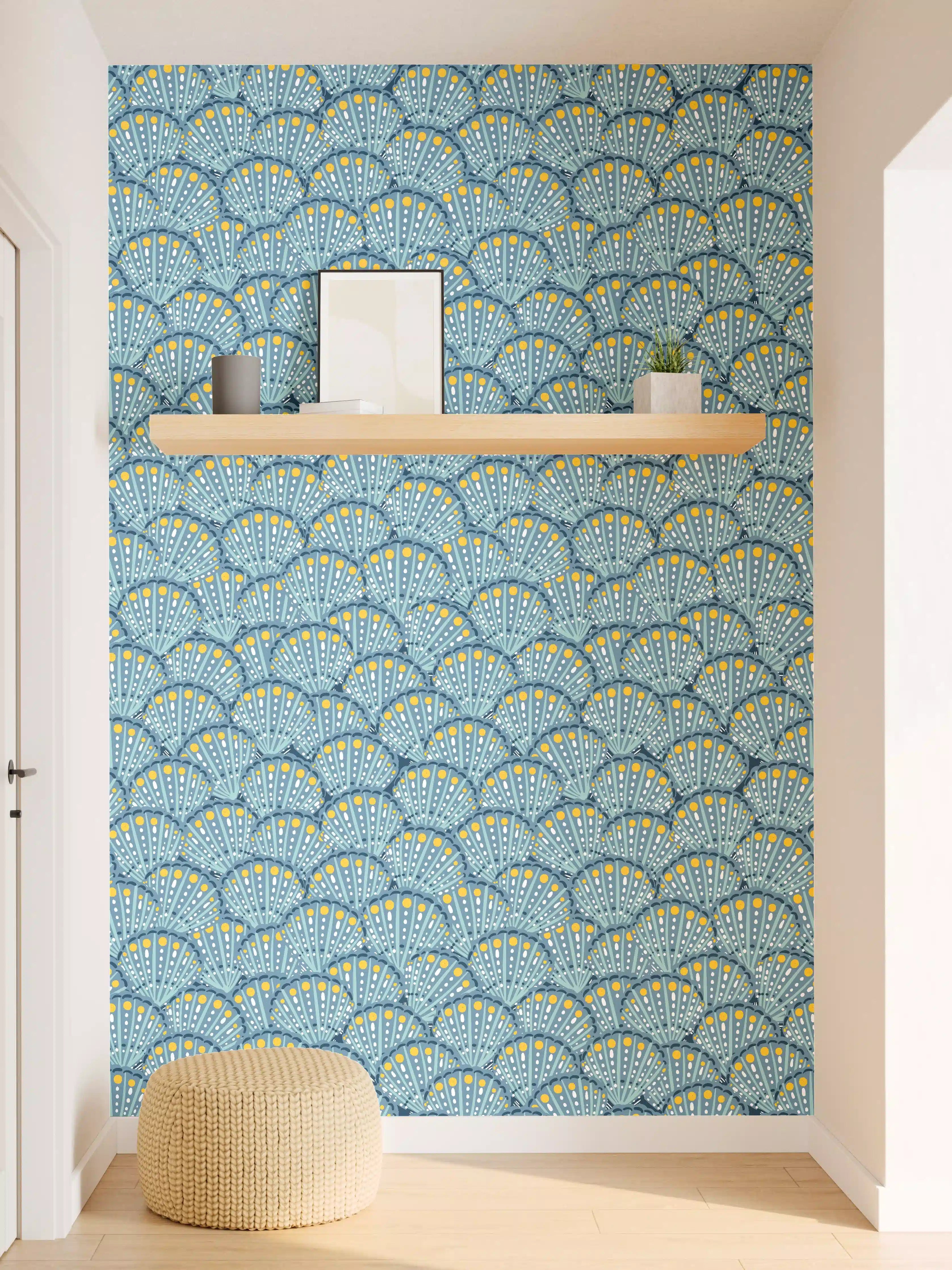 Wandverkleidung Flur - Muschel-Muster Blau-Gelb