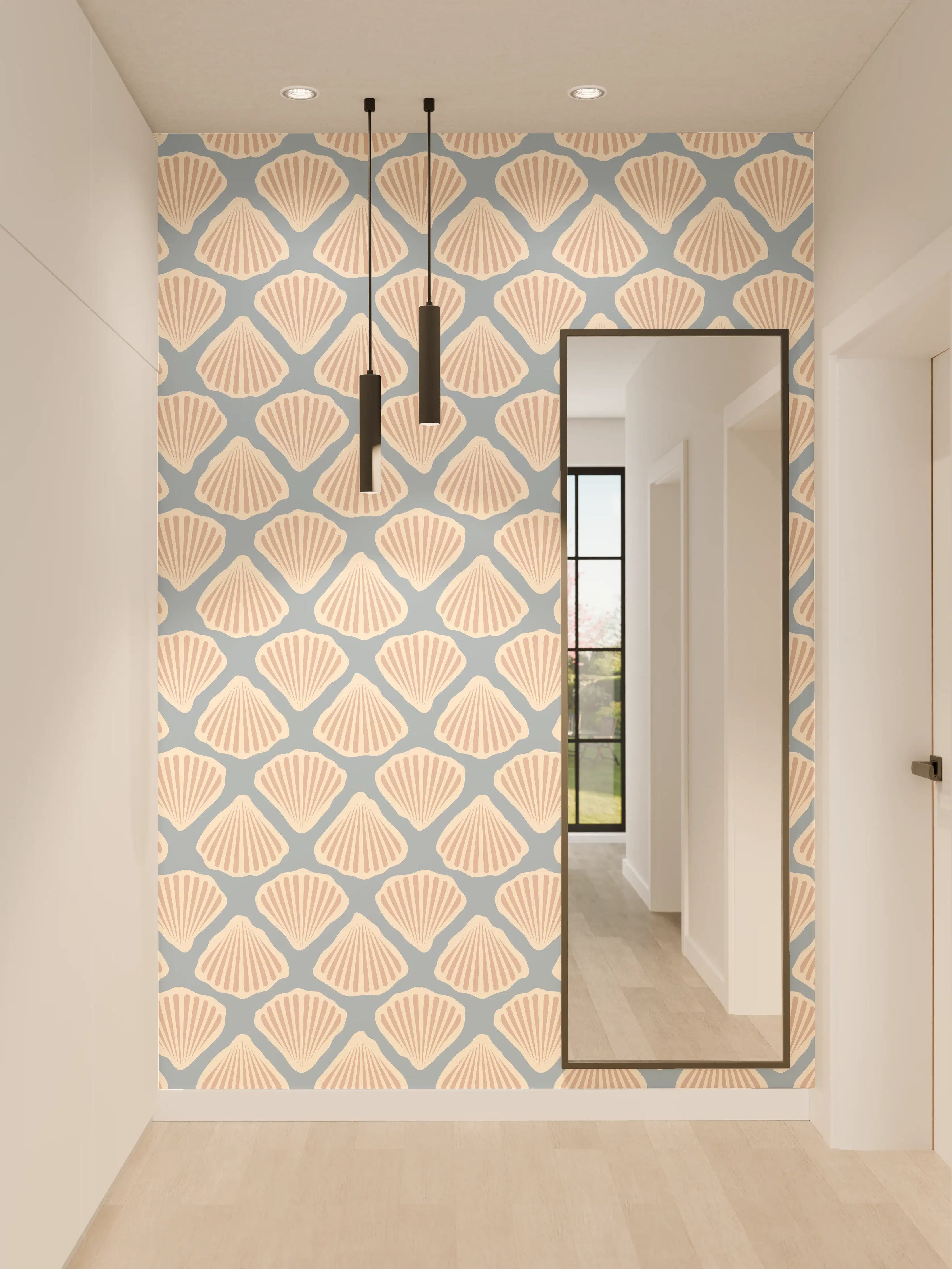 Wandverkleidung Flur - Muschel-Muster Türkis-Beige Tapete