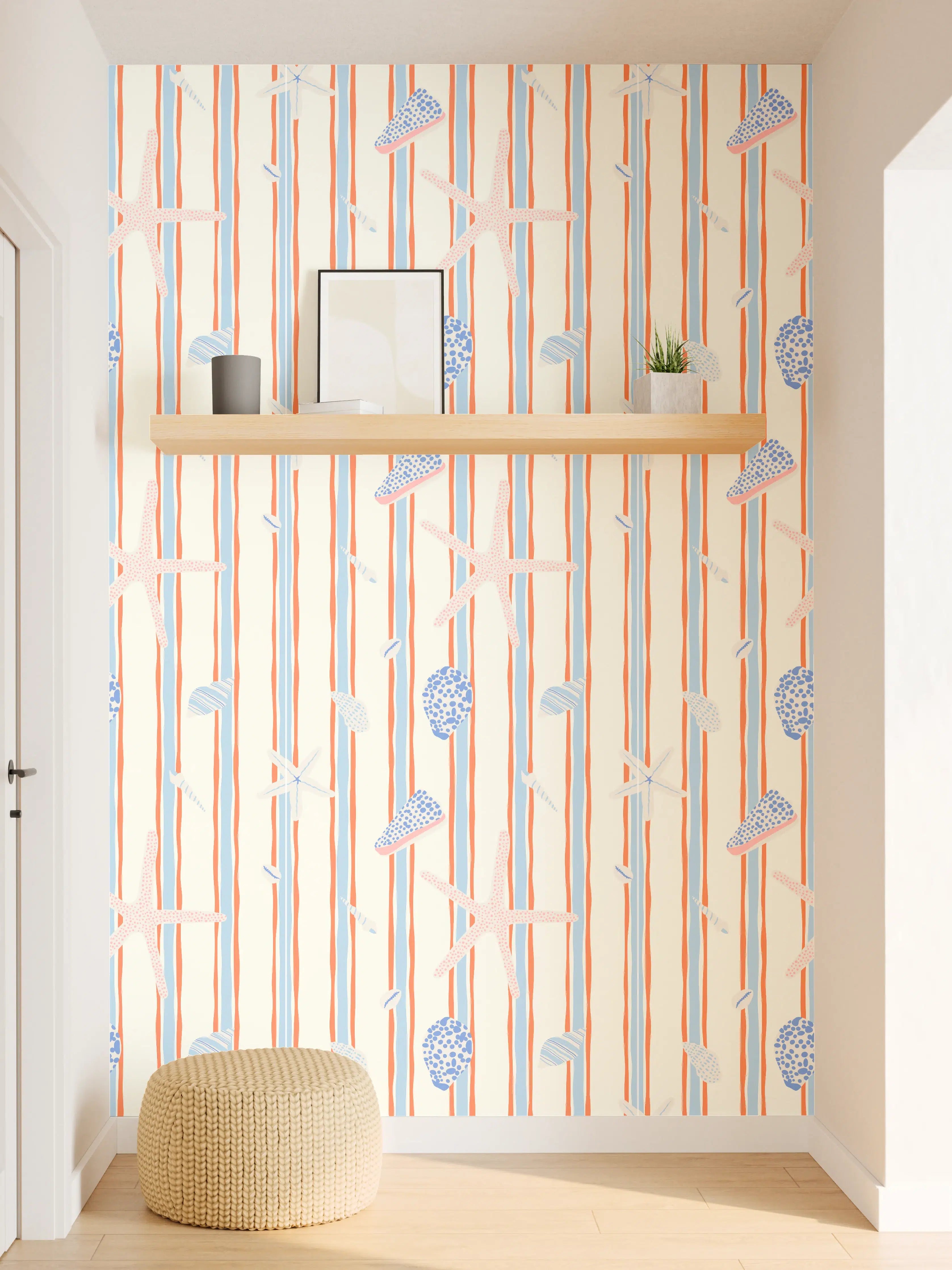 Wandverkleidung Flur - Muschelstreifen Strandtapete Blau-Orange
