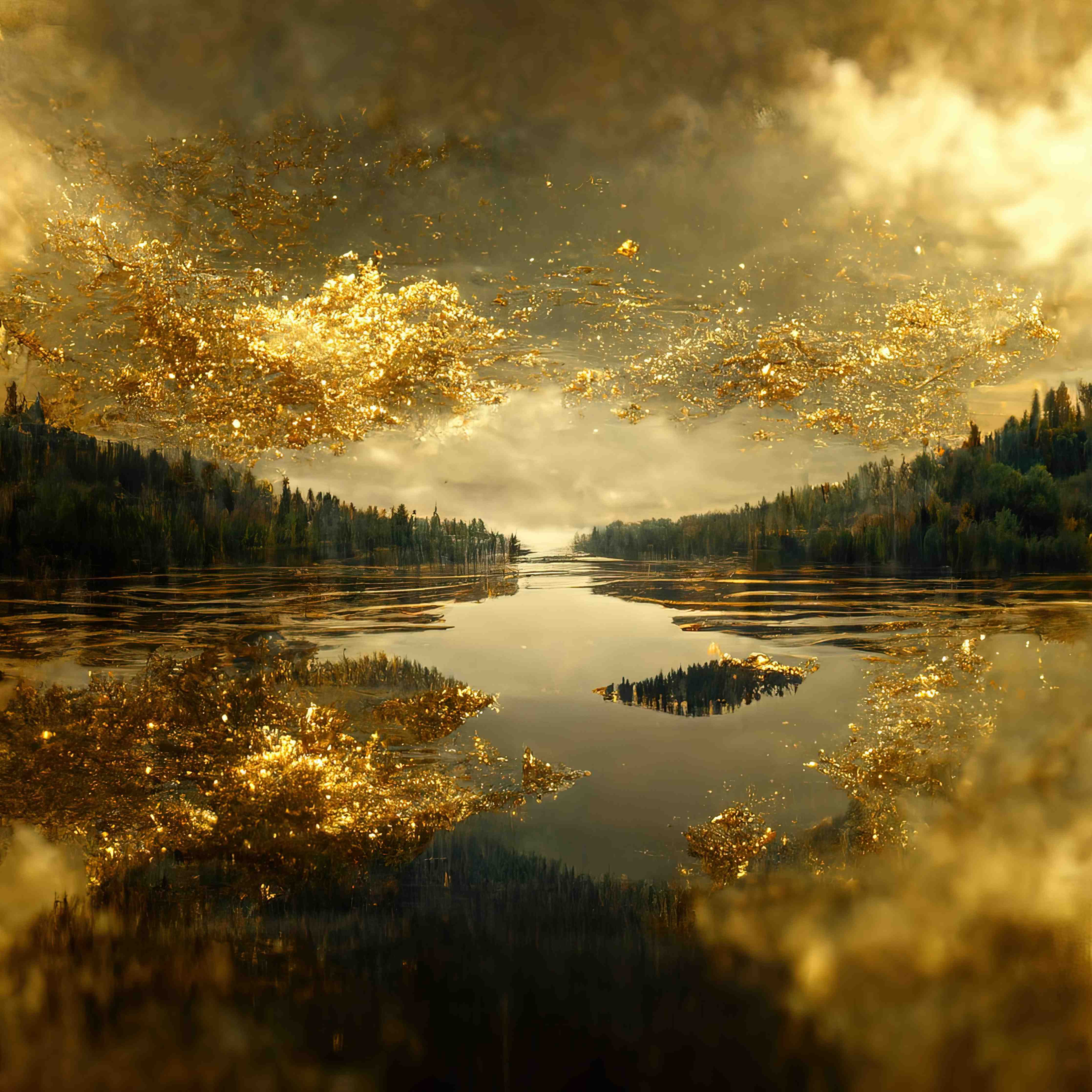 Wandverkleidung Flur-Mystische Gewässer mit goldenen Akzenten