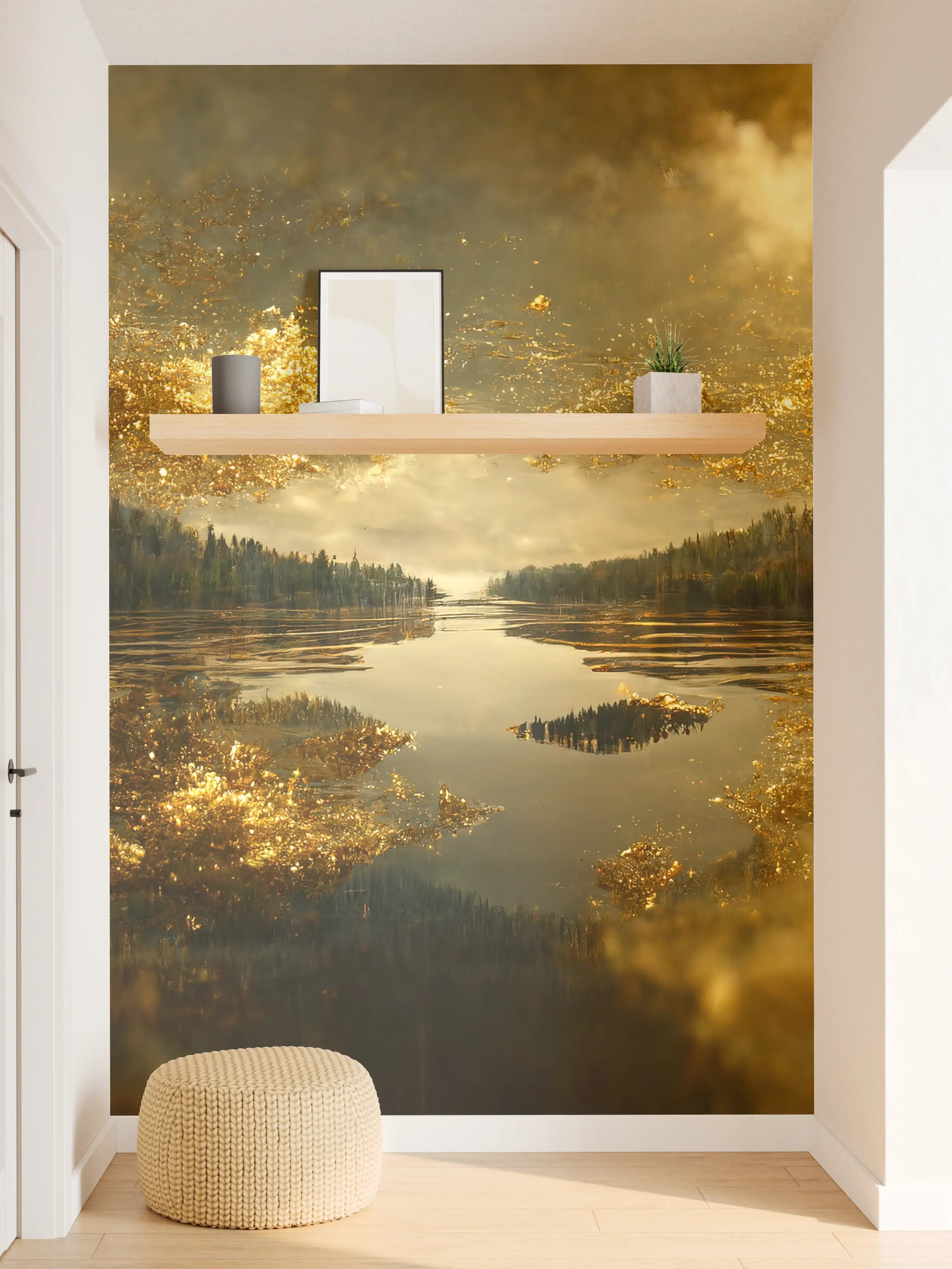 Wandverkleidung Flur - Mystische Gewässer mit goldenen Akzenten