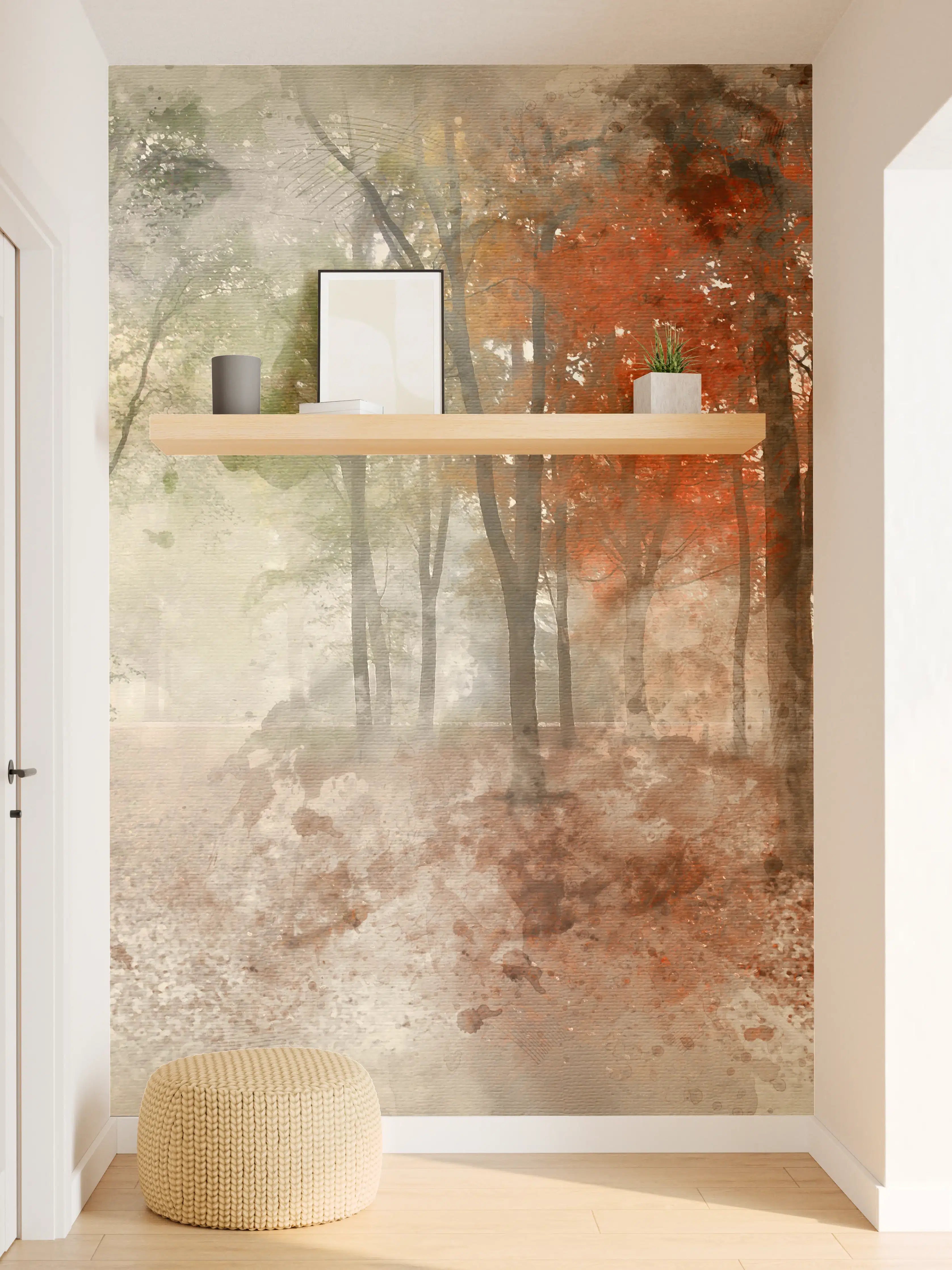Wandverkleidung Flur - Mystischer Herbstwald mit Nebel und bunten Blättern