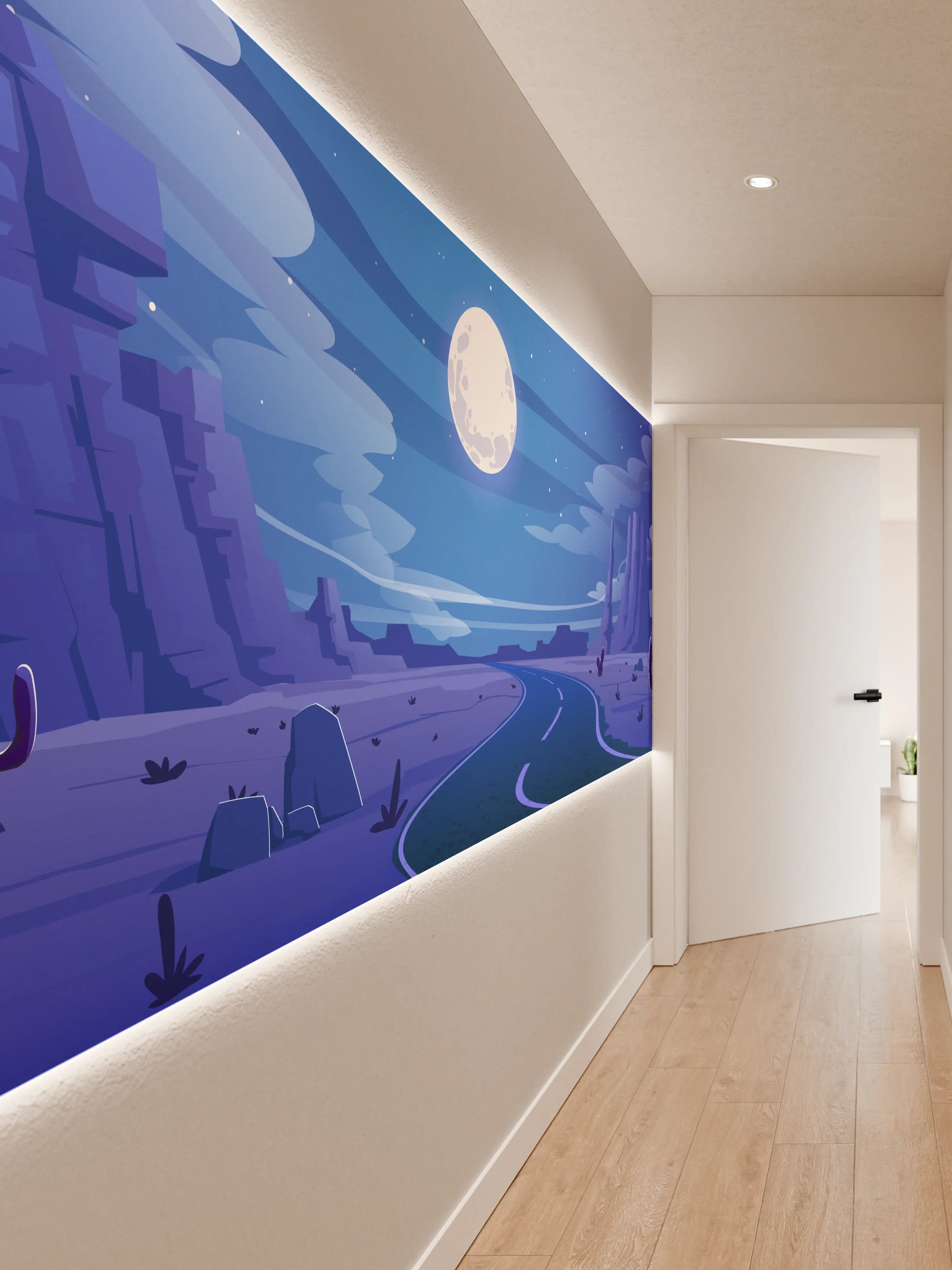 Wandverkleidung Flur - Nachtlandschaft mit Mond und Kakteen