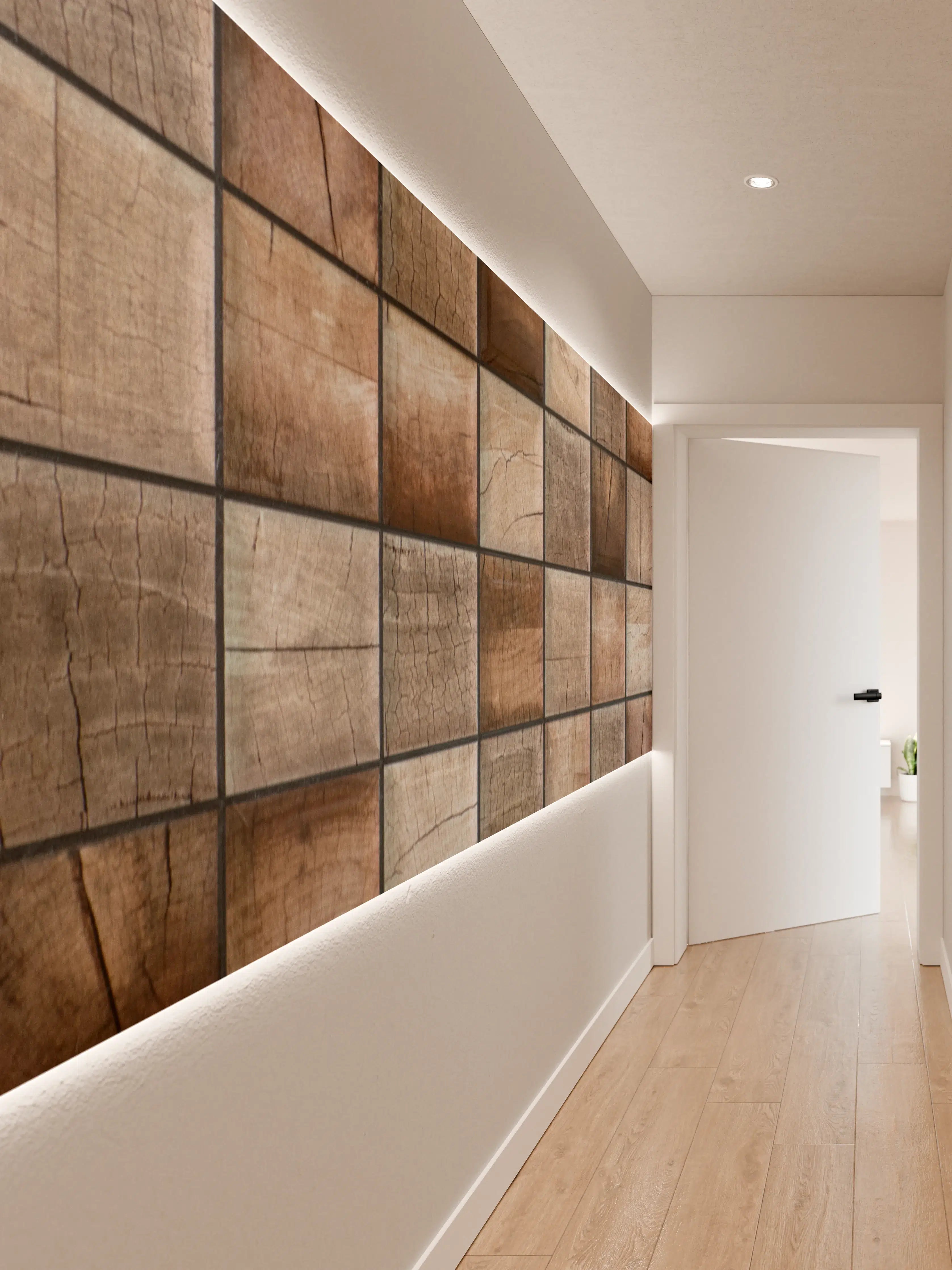Wandverkleidung Flur - Natürliche Holzmaserung in Quadratformat
