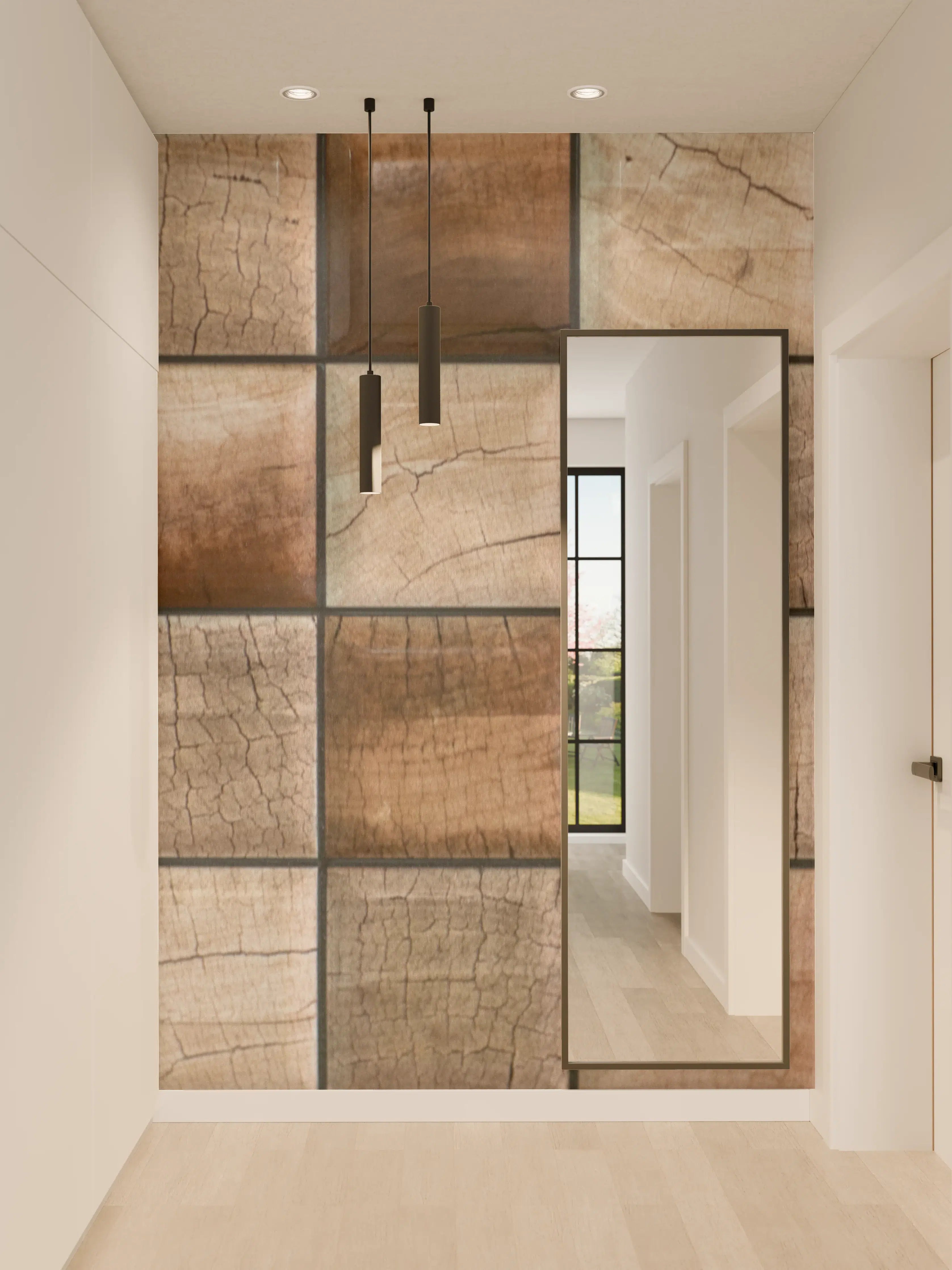 Wandverkleidung Flur - Natürliche Holzmaserung in Quadratformat