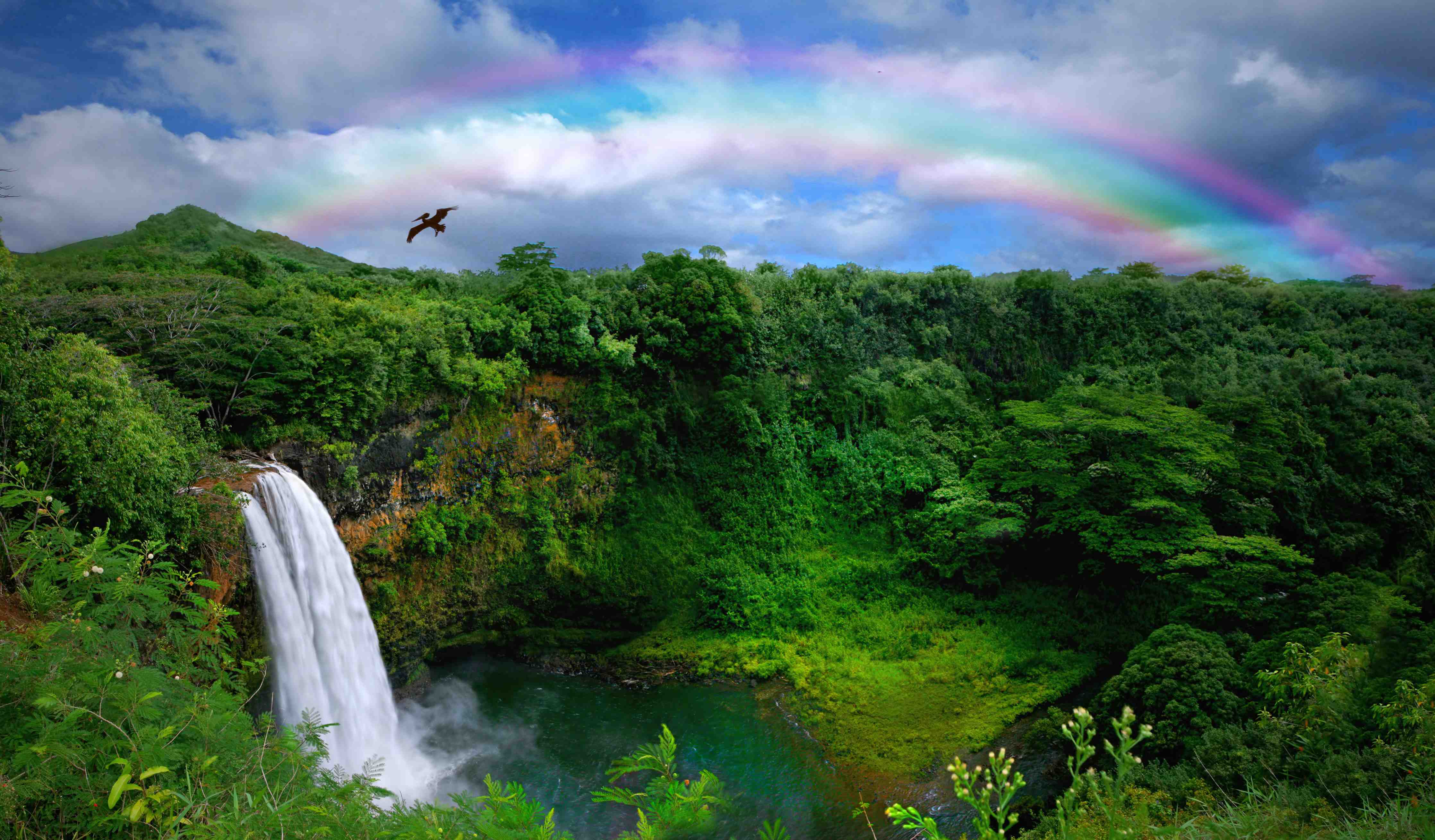 Wandverkleidung Flur-Natürlicher Wasserfall mit Regenbogen vor grüner Landschaft