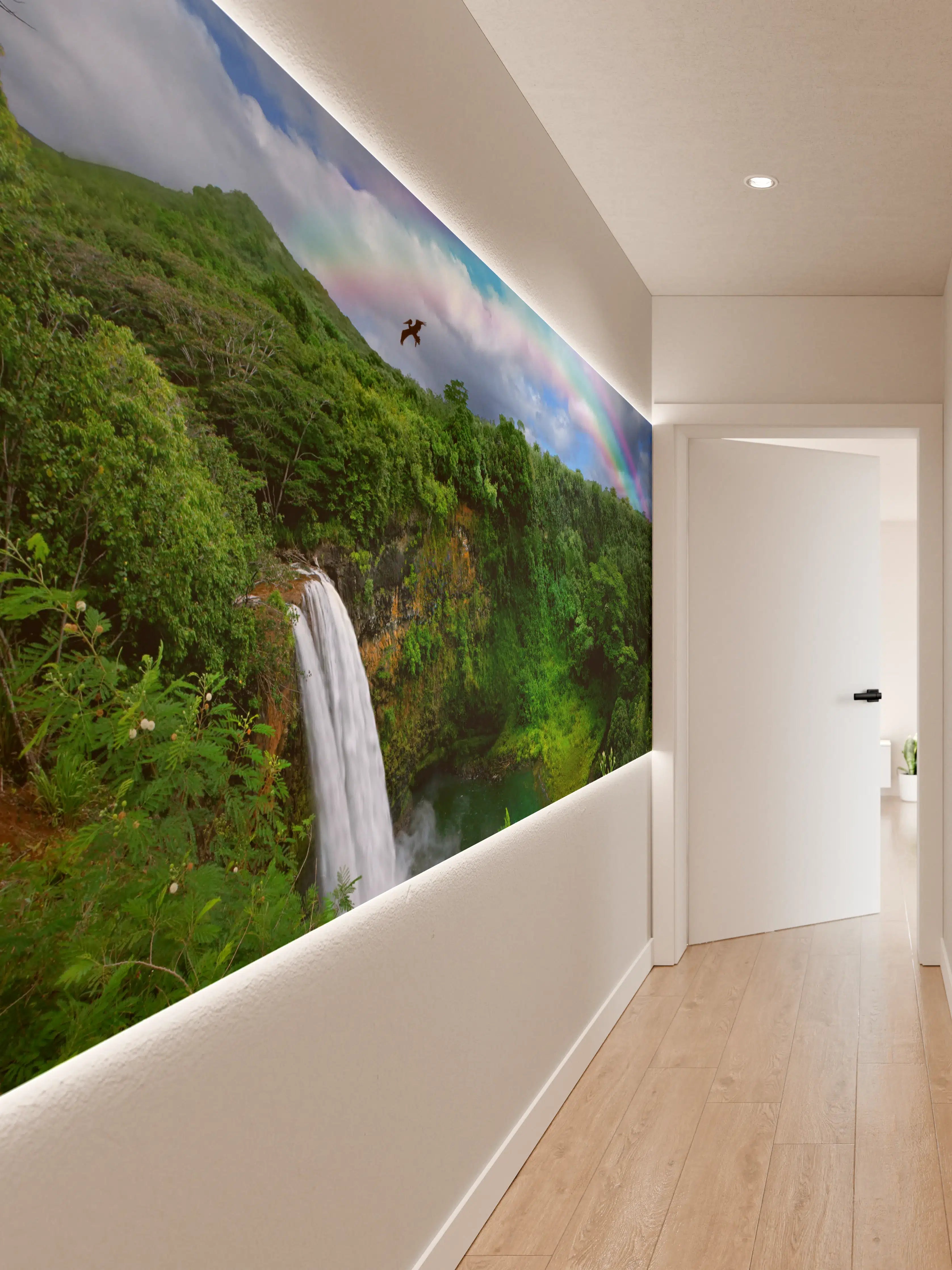 Wandverkleidung Flur - Natürlicher Wasserfall mit Regenbogen vor grüner Landschaft