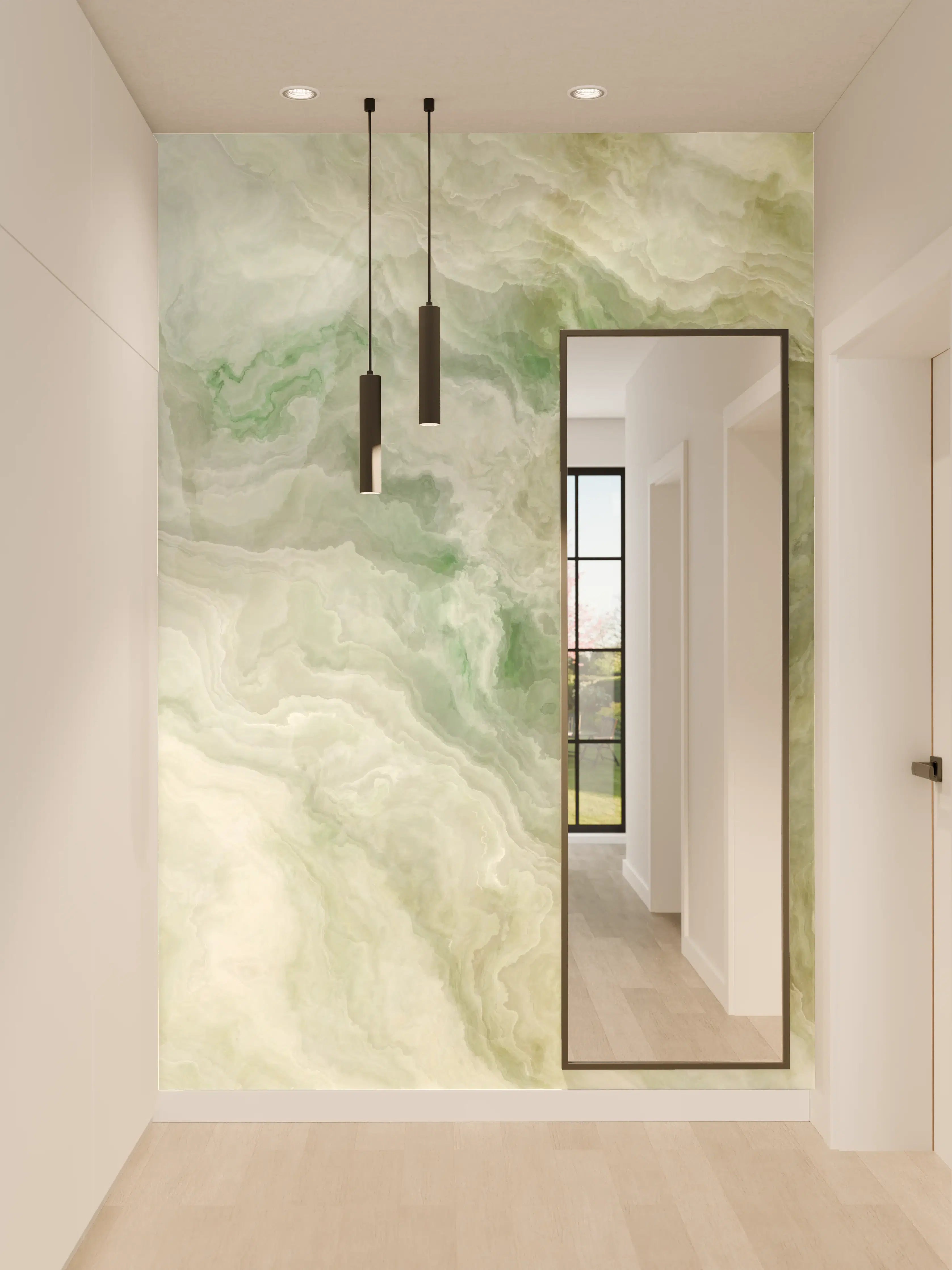 Wandverkleidung Flur - Natürliches Marmor-Design in sanften Grüntönen