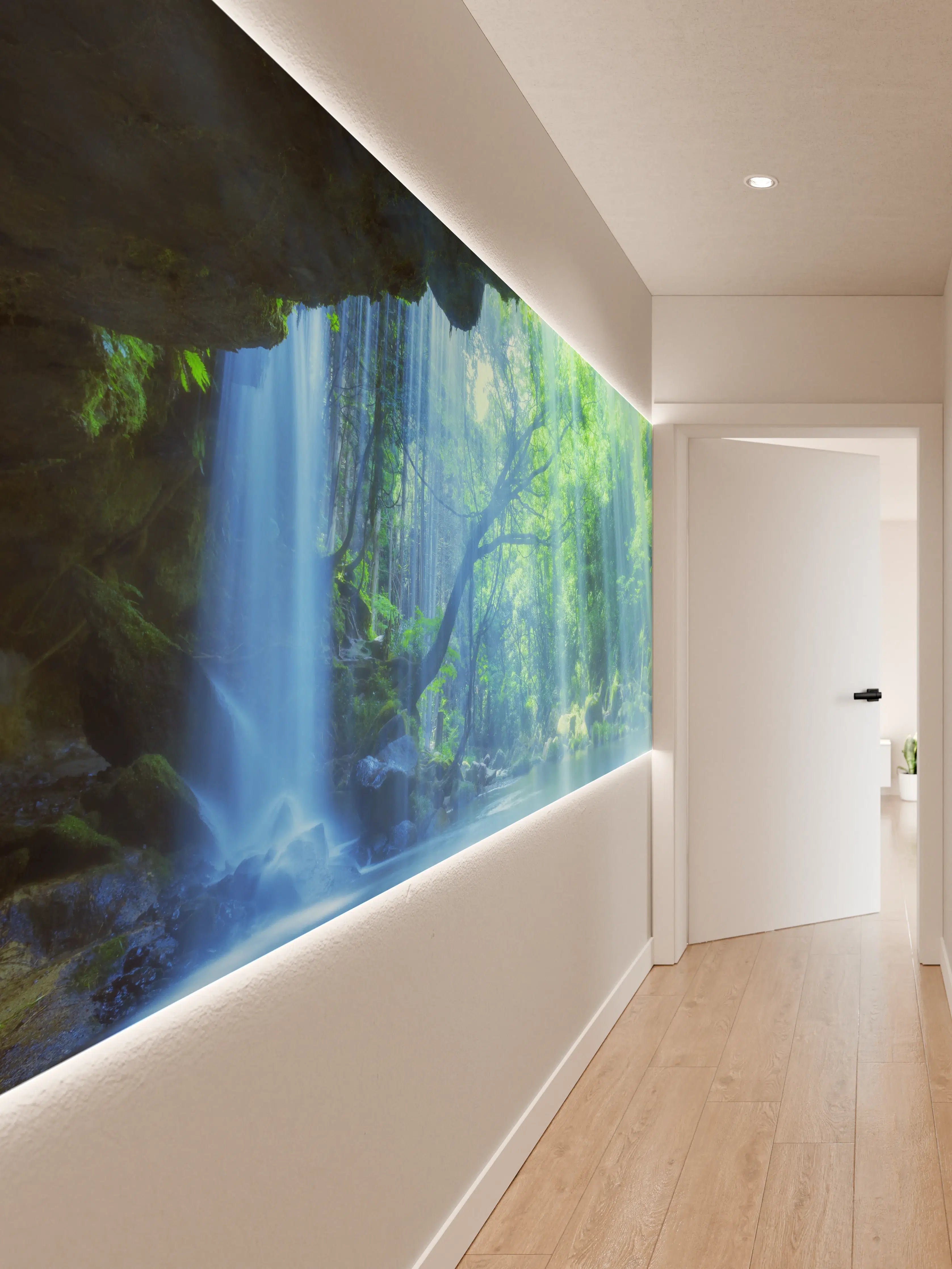 Wandverkleidung Flur - Naturparadies Wasserfall mit Sonnenstrahlen