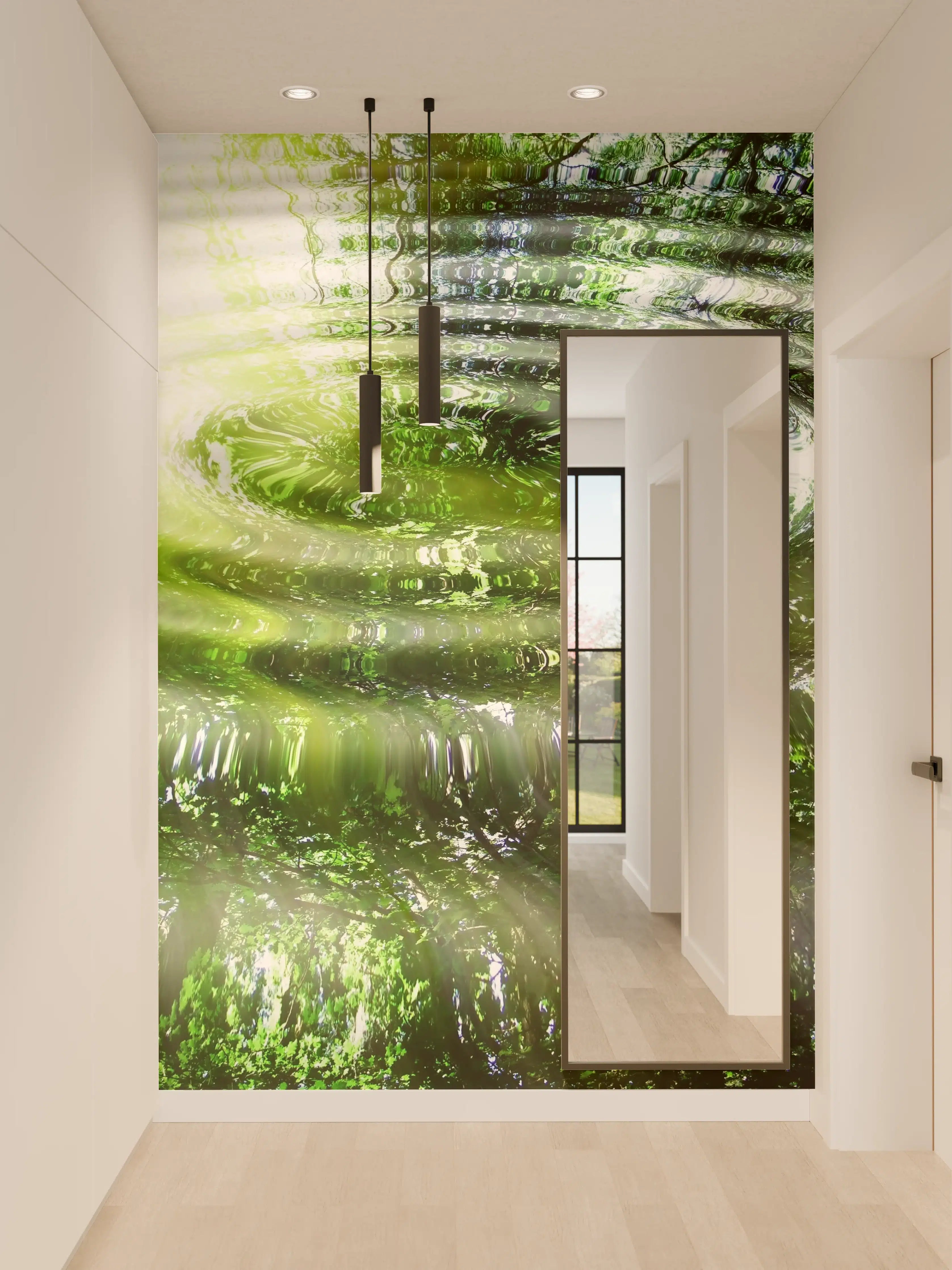Wandverkleidung Flur - Naturpool mit Wasserreflexionen und Pflanzen
