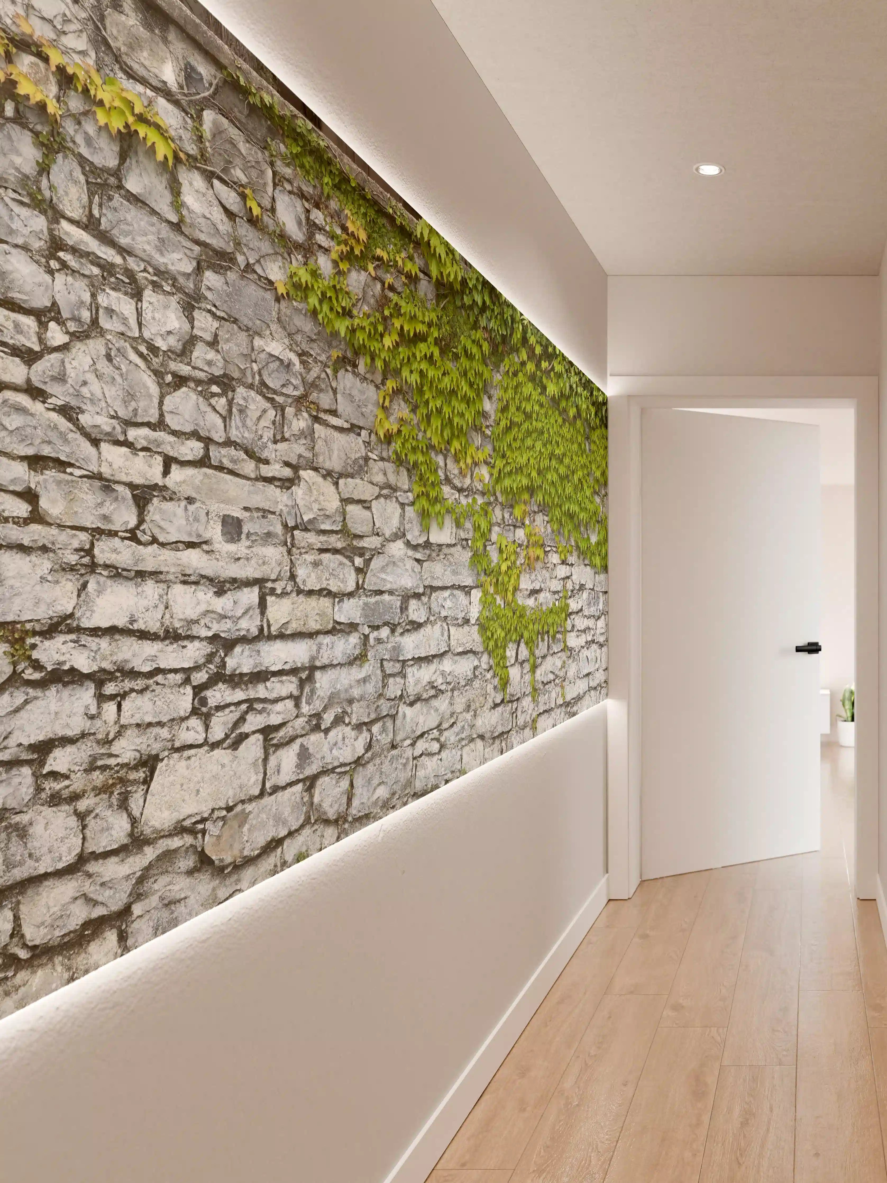 Wandverkleidung Flur - Natursteinmauer mit Weinlaub