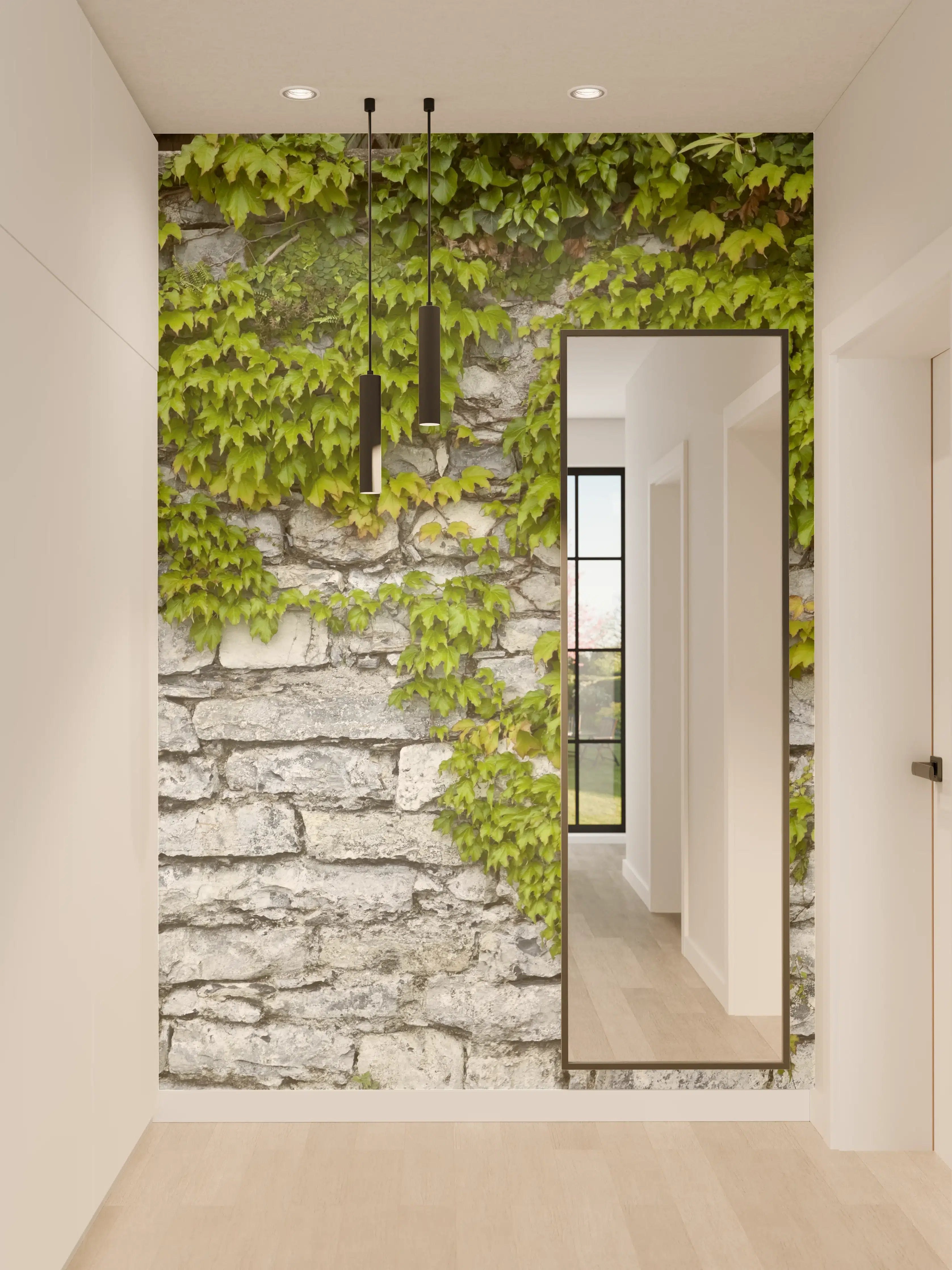 Wandverkleidung Flur - Natursteinmauer mit Weinlaub